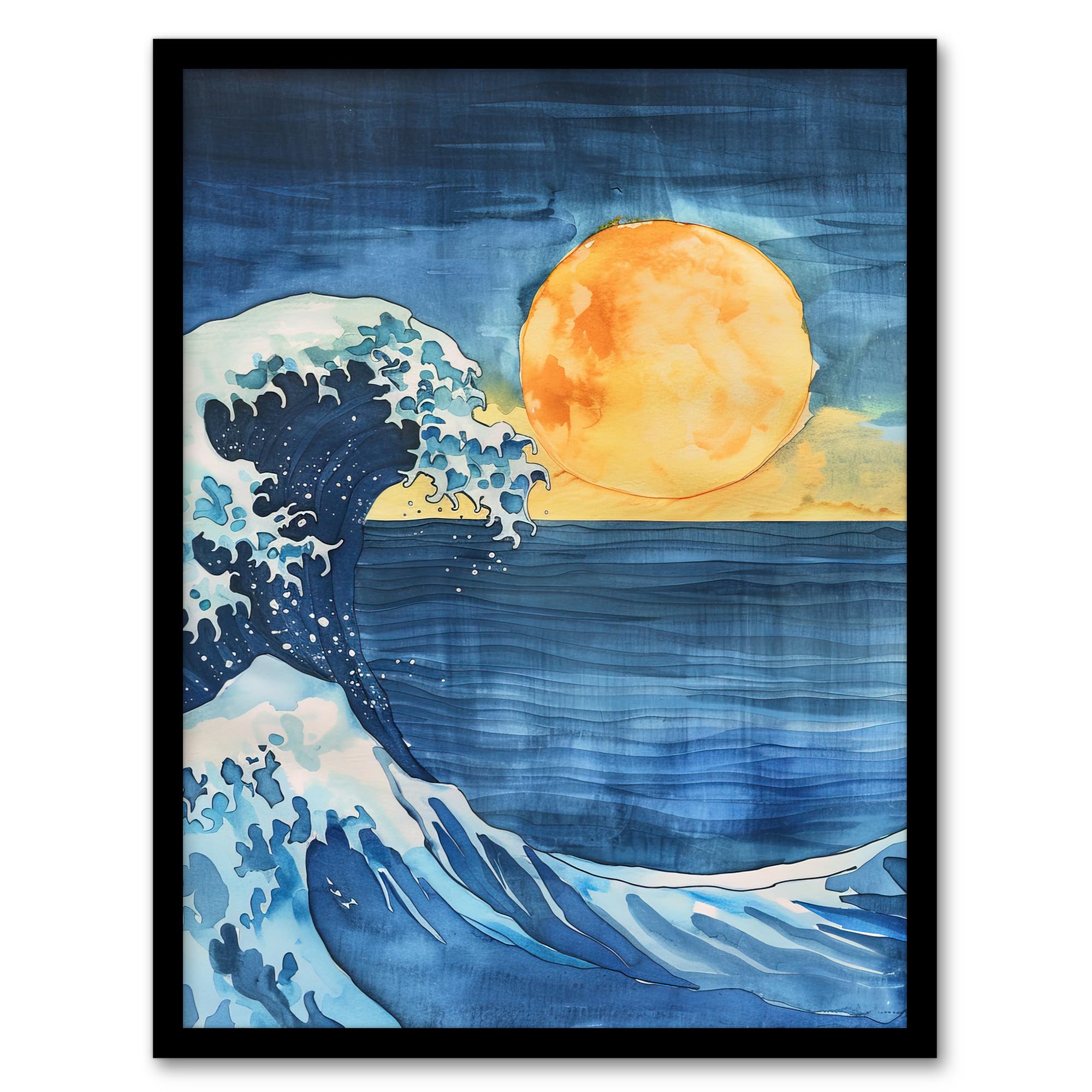 Artery8 The Great Wave Sunrise Seascape Watercolour Living Room Artwork Framed Wall Art Print A4