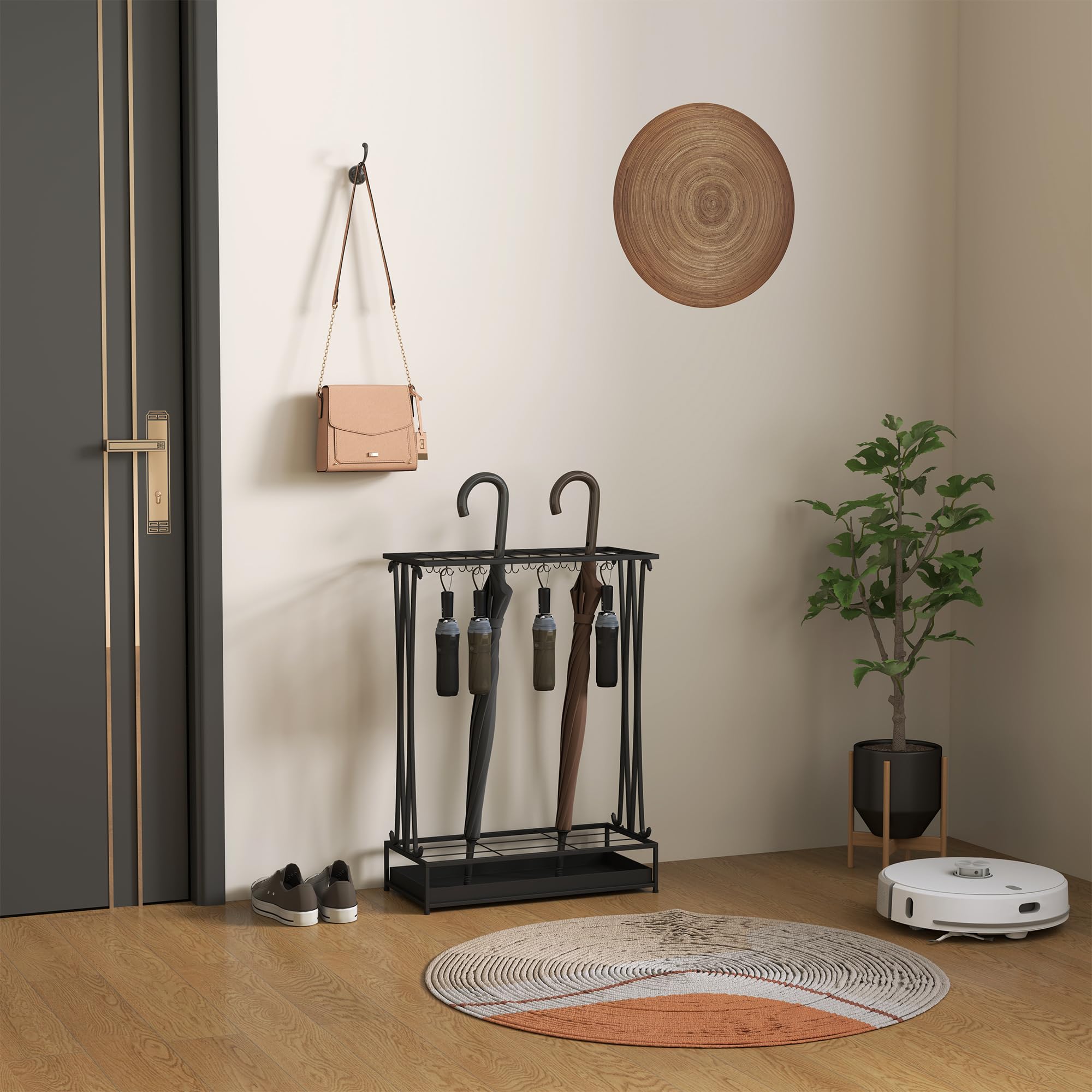 HOMCOM Paragüero Moderno Rectangular Soporte Paraguas Acero 24 Ganchos 21 Espacios Bandeja Recogegotas Extraíble 50x24x68 cm Negro
