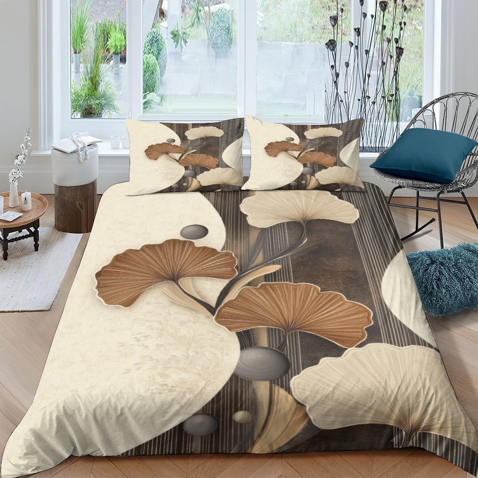 Ctjqhvkz Style-10 3D Printed Ginkgo Leaf Fitted Sheet Microfiber Soft Beige Brown Abstract Bed Cover For Bedroom Dorm Mattress Decor Single（135X200cm）