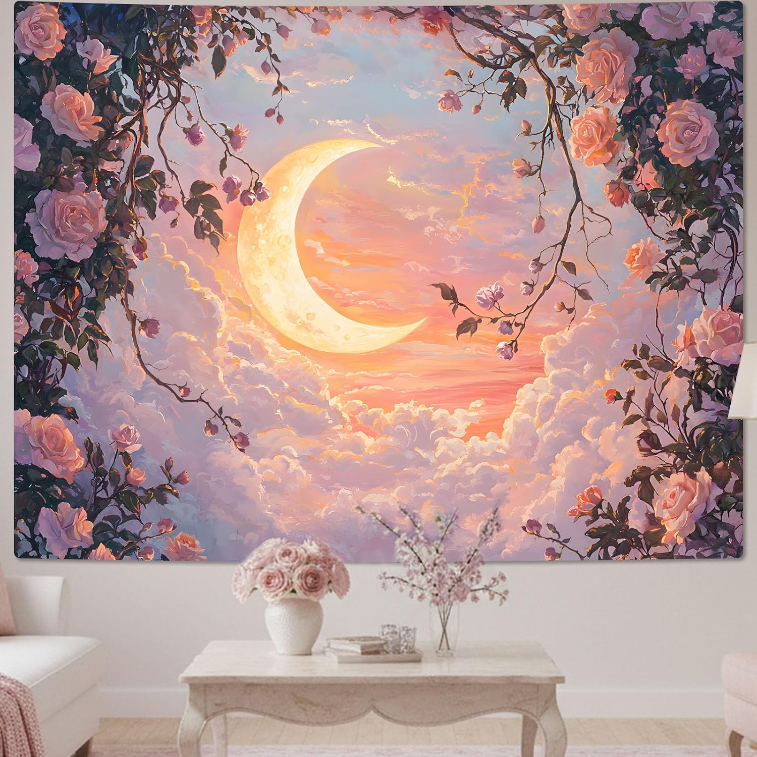 Lifeel Moon Pink Cloud Tapestry, Natural Landscape Romantic Fairy Pastel Rose Tapestries Wall Hanging for Girls Women Bedroom Home Decor, 36x48 inches