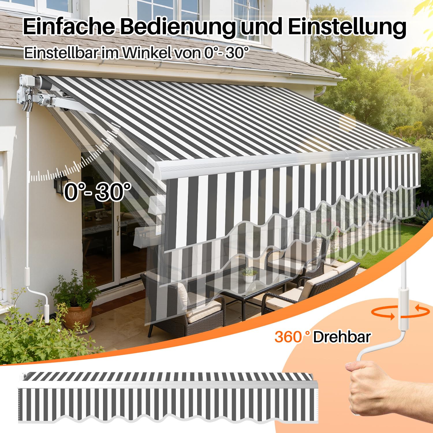 Fiqops manuelle Gelenkarmmarkise 350 x 300 cm Markise Sonnenmarkise Sonnenschutz mit Kurbel, Anti-UV und wasserfest, Alu/Polyester für Balkon, Terrasse, Garten, Weiß/Grau Gestreift