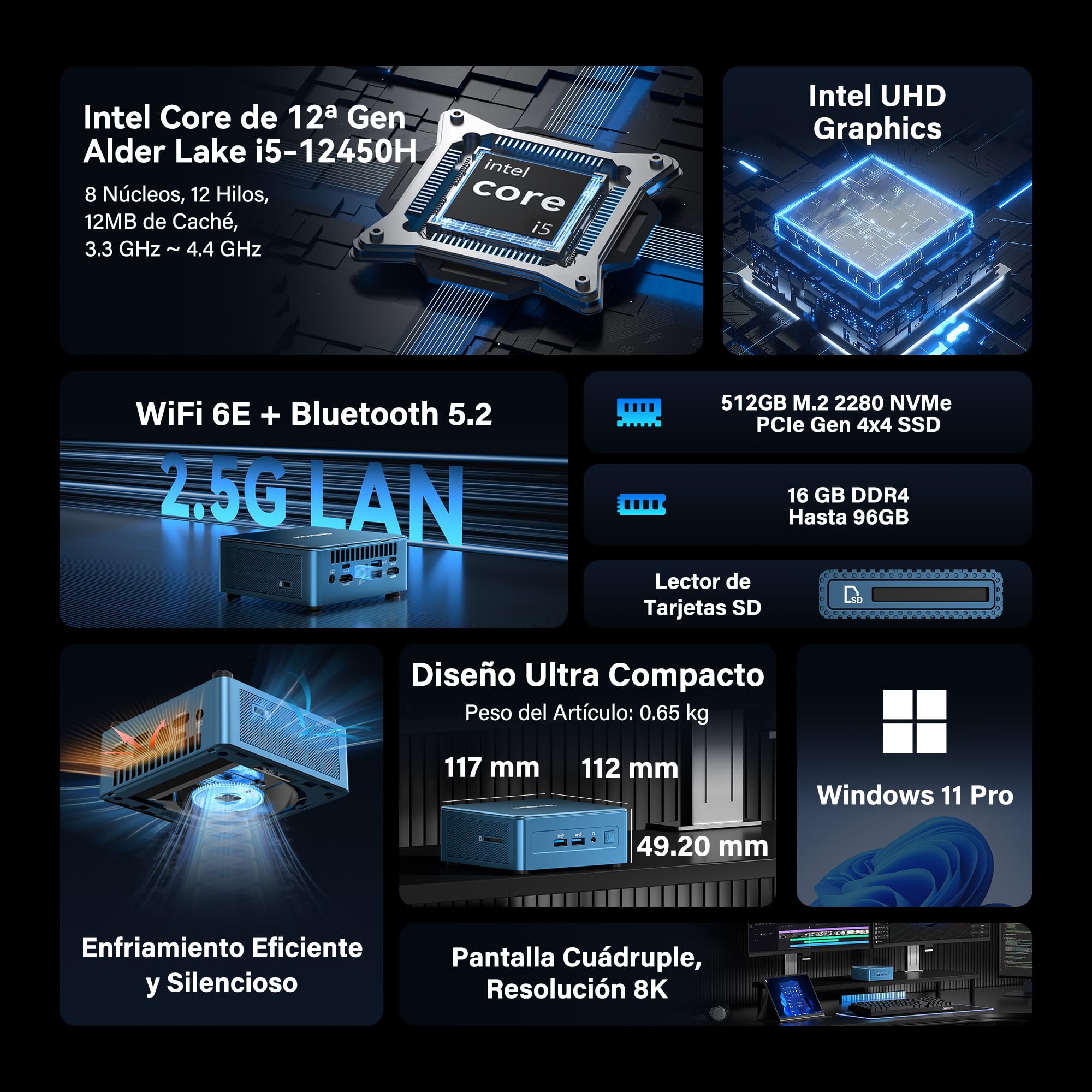 GEEKOM IT12 Mini PC 2026 Edition con Intel i5-12450H, 16GB RAM + 512GB SSD | Mini Ordenador con LAN de 2.5 Gbps, Iris Xe 8K, USB4, Mini PC Empresarial para Servidor Plex y Teletrabajo