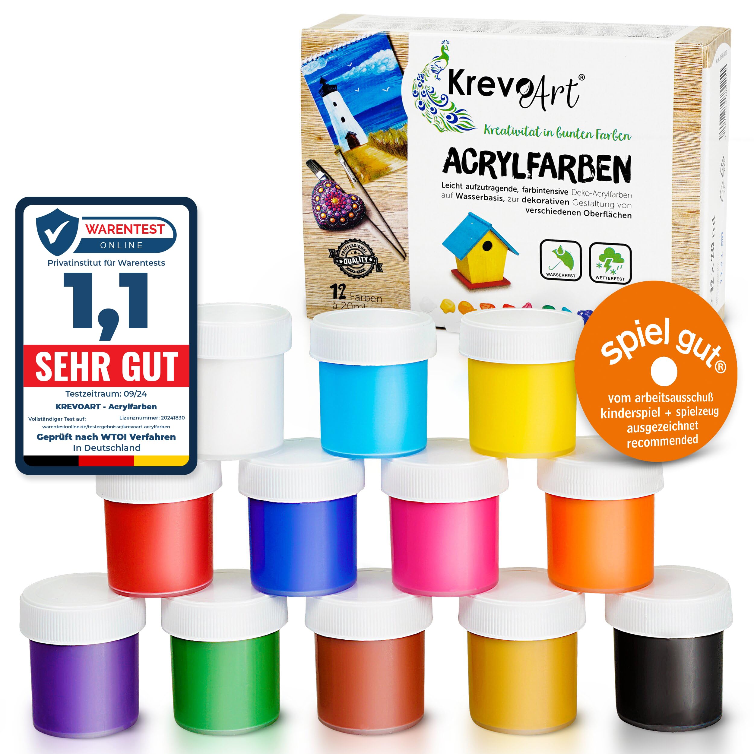 Wasserfeste Acryl-Farben, Acrylic Paint - 12 stark pigmentierte Acrylfarben Set je 20ml, Bastelfarben für Papier, Stein, Holz, Ton, Gips, Leinwand