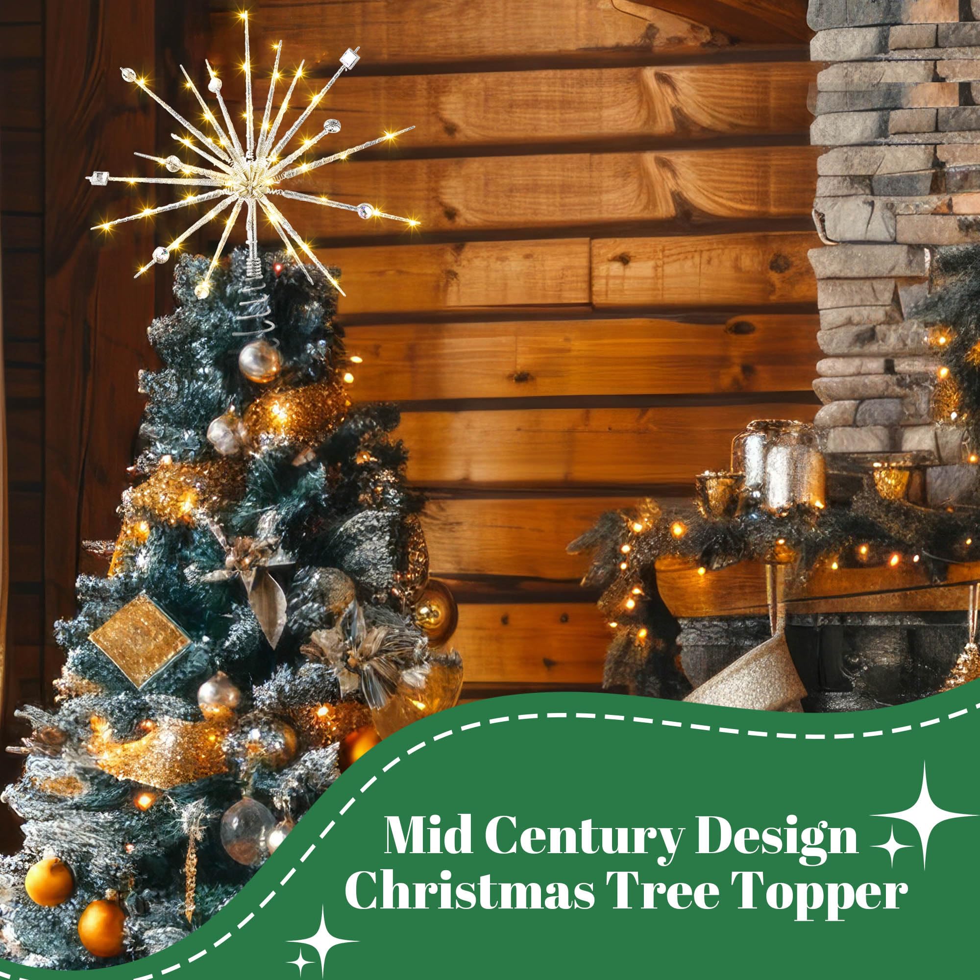 Decoración para árbol de Navidad de 15 pulgadas, estilo retro de mediados de siglo, decoración de árbol de estrella iluminada en 3D con cristal y 19 luces parpadeantes (plateado)
