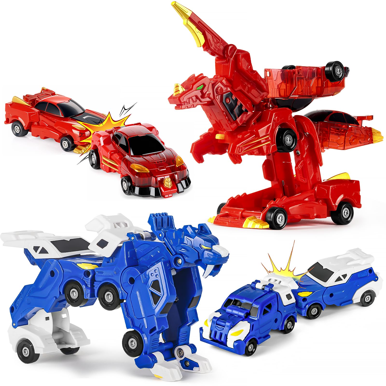 Yivsen Collision Transforming Dinosaur Car Toy, 2 in 1 Magnetic Cars Transform into Dinosaur Toys, Car Crash Dino Robot Toy for Kids, Ideal Birthday Party Gift Toys for Kids Boys Girls, Red Blue