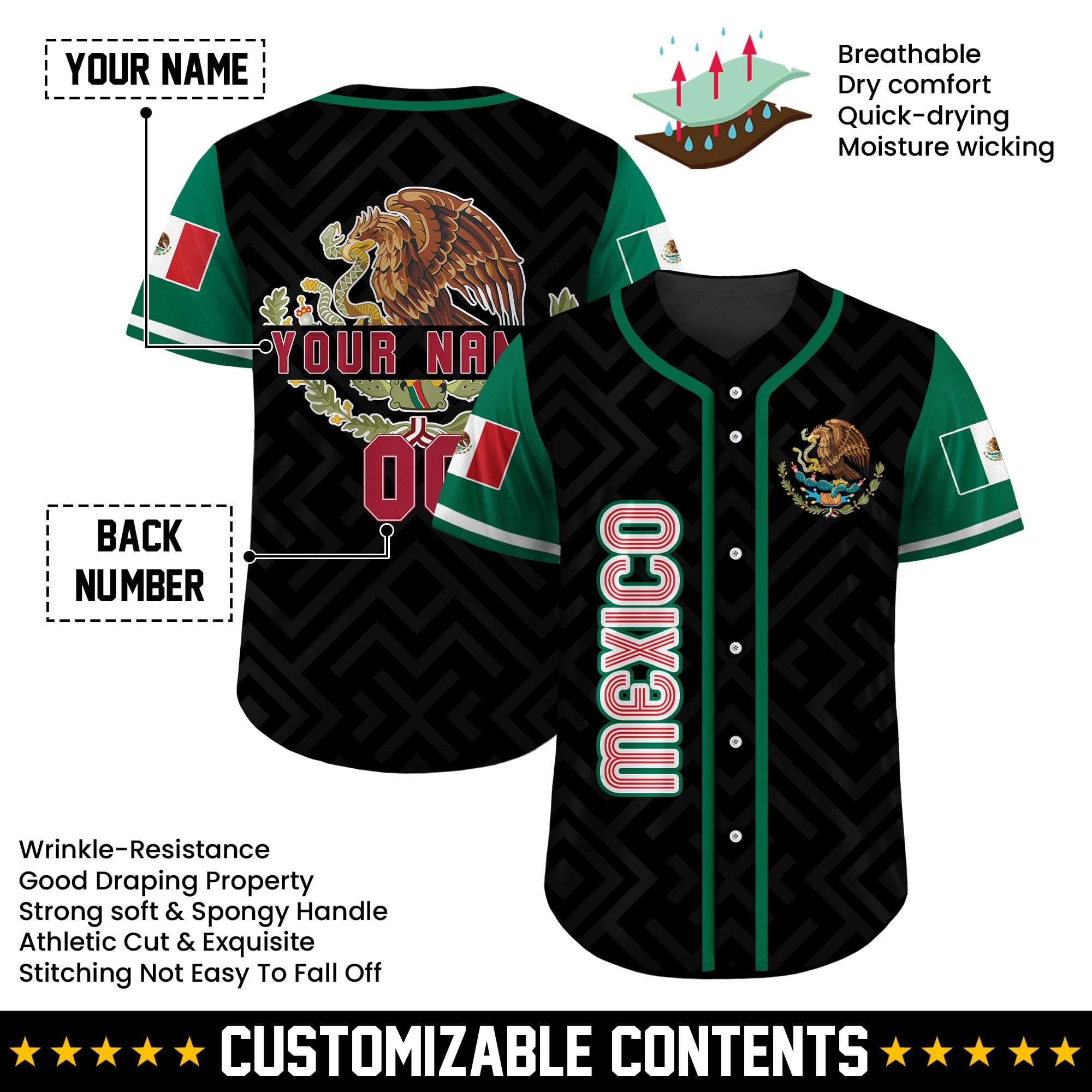 Custom Baseball Jersey – Personalized Name, Number & Logo, Mexican Baseball Button Up Mexico Flag Jersey for Men, Women, Youth, Toddlers