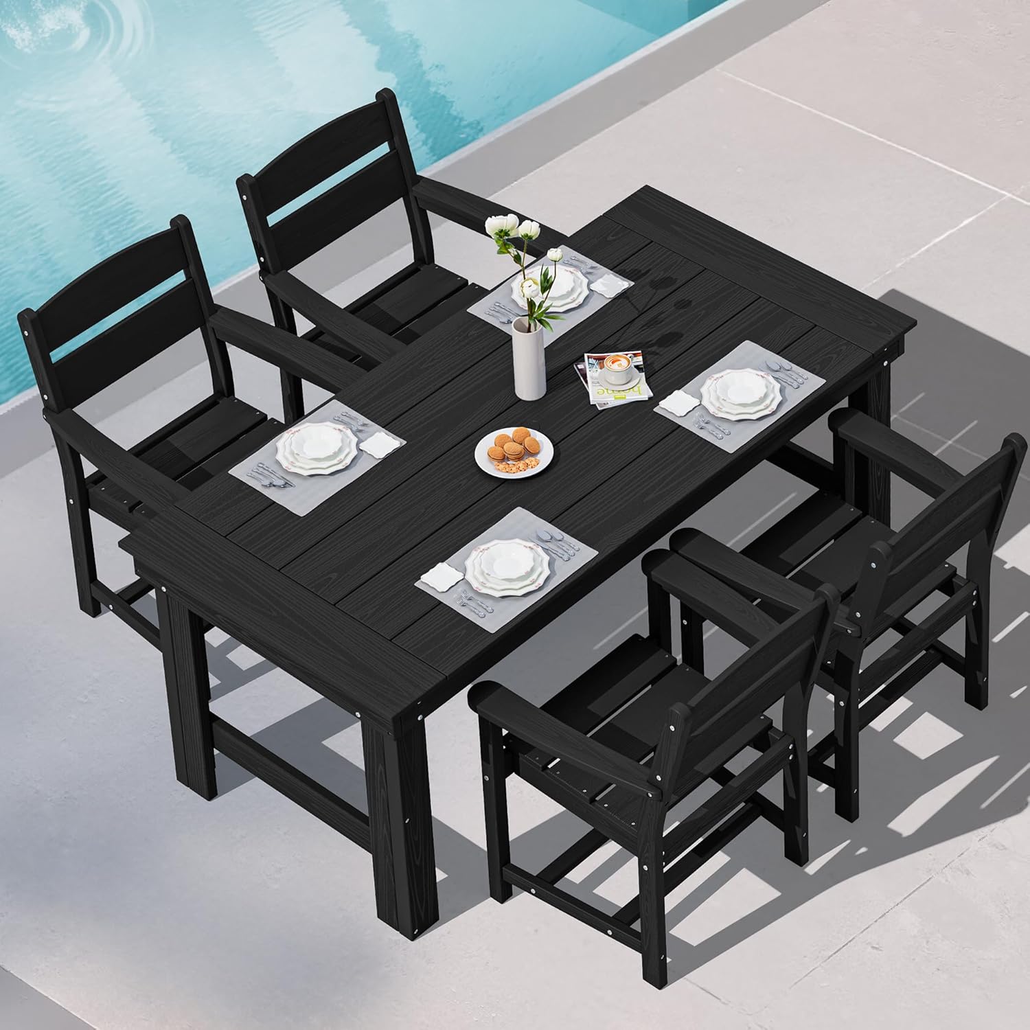 SERWALL Outdoor Dining Set for 4, HDPE Square Table and Chairs Set All Weather Patio Dining Set with 4 Classic Dining Chairs, 5-Piece Patio Dining Furniture for Deck, Gray