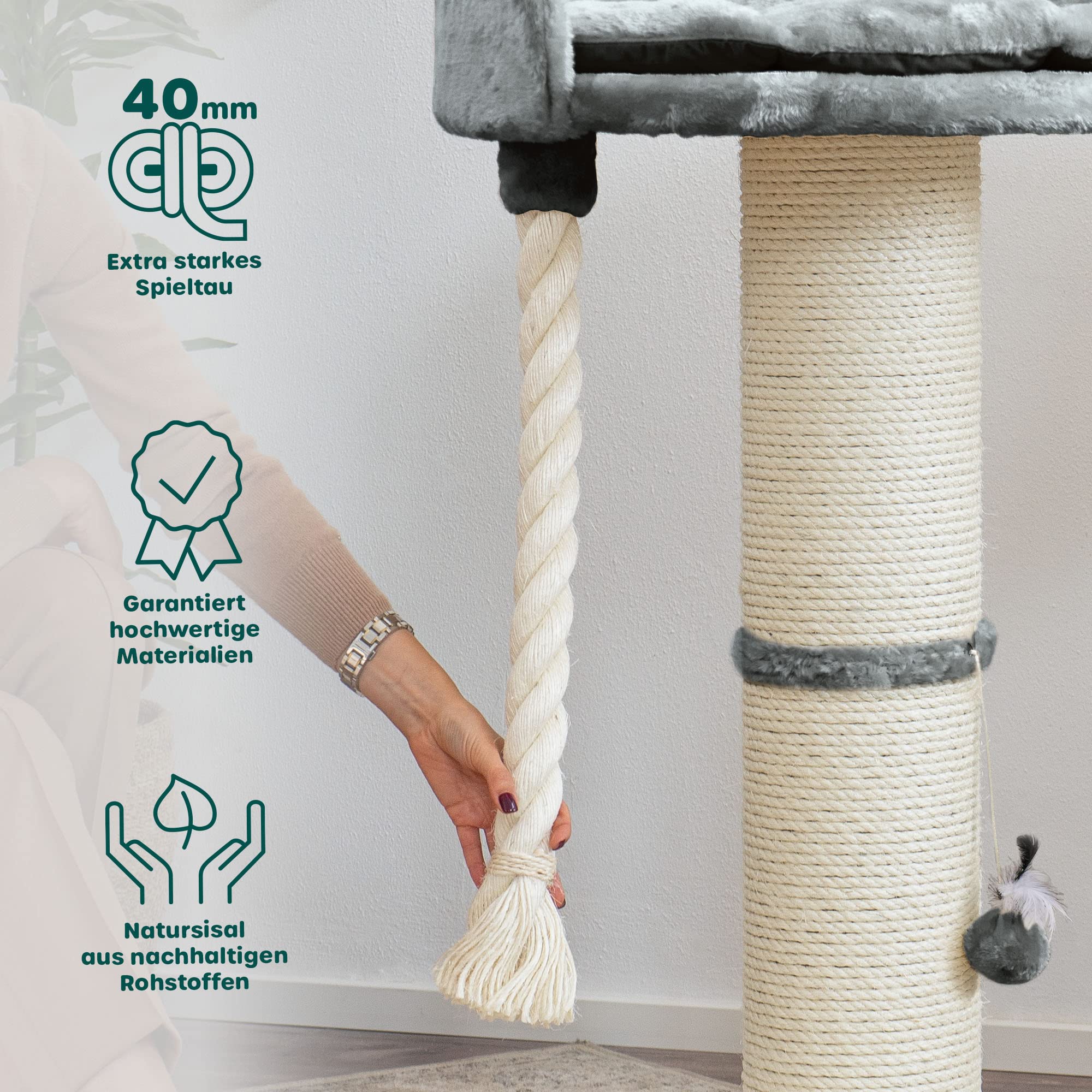 HAPPYPET Premium Kratzbaum 'Balu' Grosse Katzen Stabil - Katzenbaum, Kletterbaum, für Maine Coon, Ragdoll, Robustes Natursisal, Dicke Stämme 18 cm, 100 cm hoch, Grau