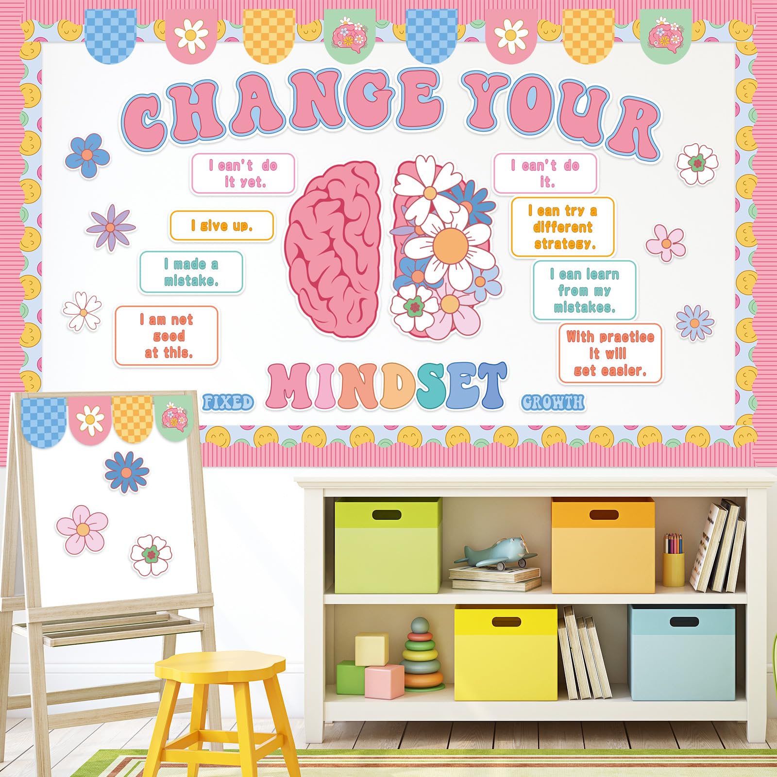 FYSUIMU Bloom with a Growth Mindset - Juego de tablón de anuncios motivacional para cambiar tu mentalidad, póster floral de primavera, decoración de aula para profesores, estudiantes, pared escolar