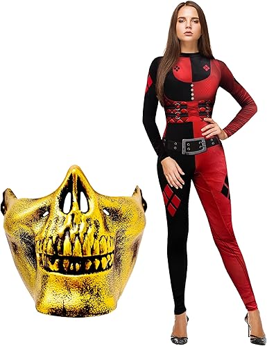Máscara dorada de media calavera para Halloween máscara de calavera para hombres mujeres disfraz de payaso negro y rojo de Halloween disfraz de