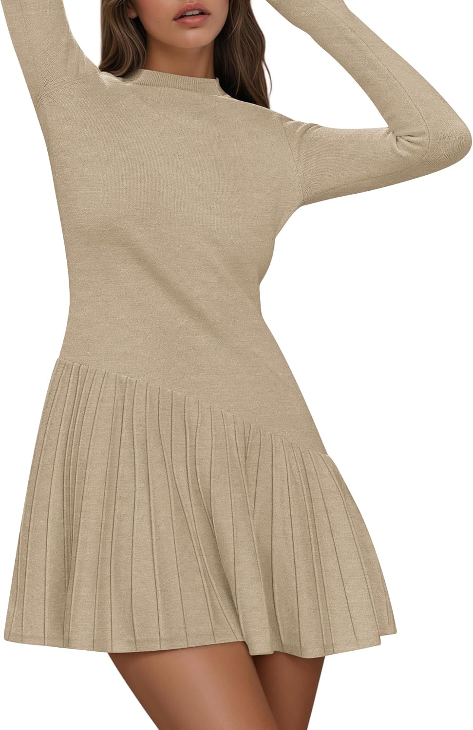 COCCKO Women's Sweater Dress Crochet Ribbed Knit Ruffle Hem Flared Long Sleeve Mock Neck Mini Dress - Image 7