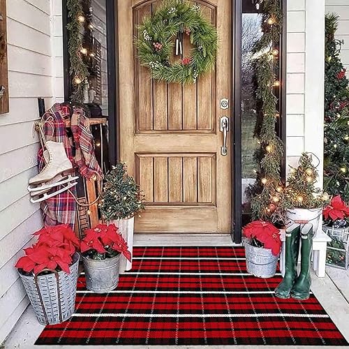 Miniatura 2 de Alfombra de Navidad a cuadros para exteriores, 27.5 x 43 pulgadas, rojo y negro, alfombra de área para interiores y exteriores, alfombra de capas