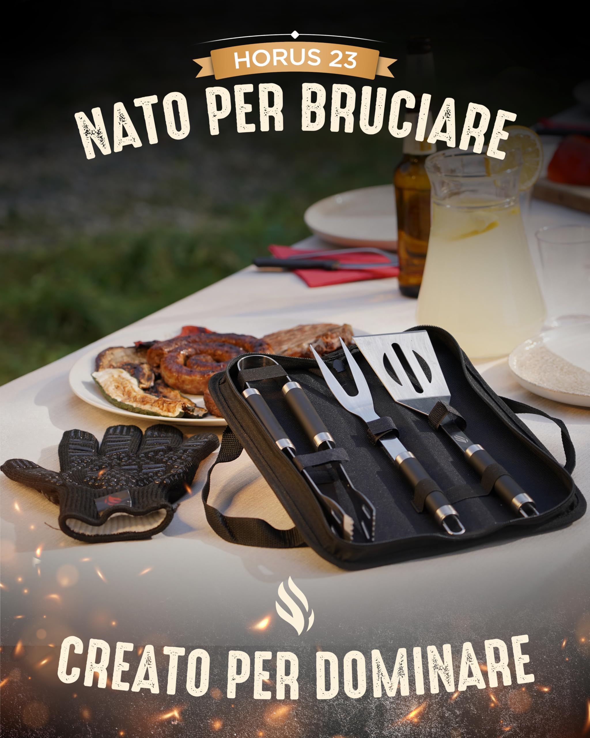 HORUS 23® - Set Accessori Barbecue Professionale con Borsa Porta Attrezzi Barbecue - 4 Accessori BBQ: Pinze, Spatola, Forchettone e Guanto Ignifugo