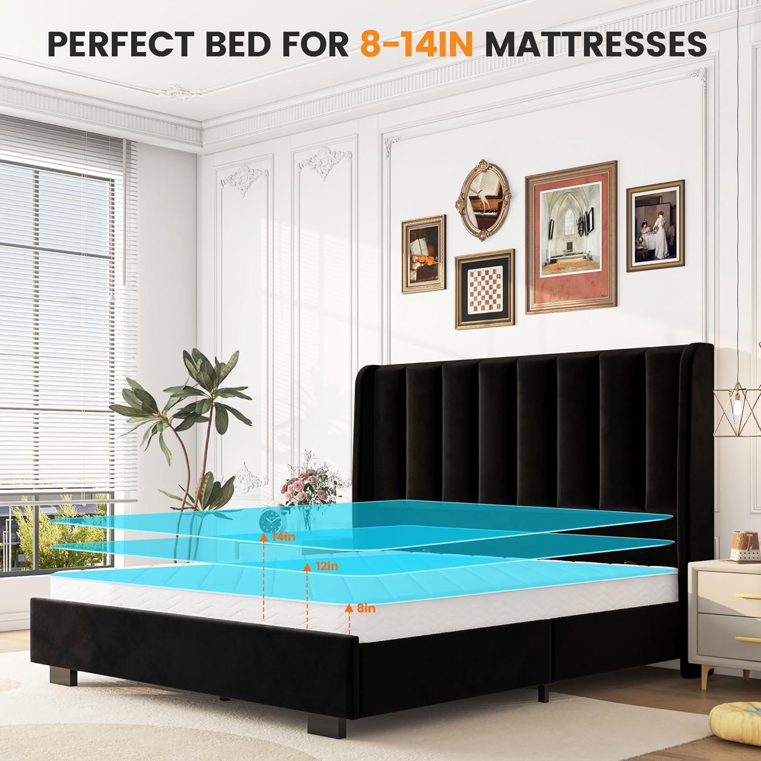 51" Tall Headboard Lift Up Bed Frame, Queen Size Bed Frame with Storage Underneath, Velvet Wingback Design, No Box Spring Required, Wood Slats Support, Noise-Free Bed (Queen,Black)