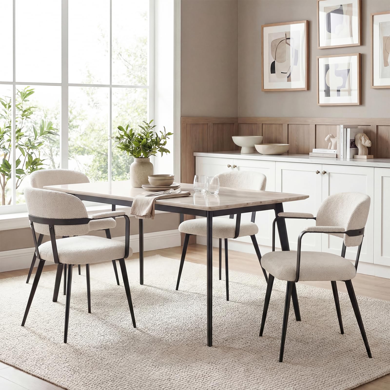 Sillas de Comedor Pack 2, Sillas Cocina con o sin Reposabrazos, Silla Nordica con Tapicería de Chenilla, Cojines Duros y Patas de Metal (Beige, con reposabrazos)