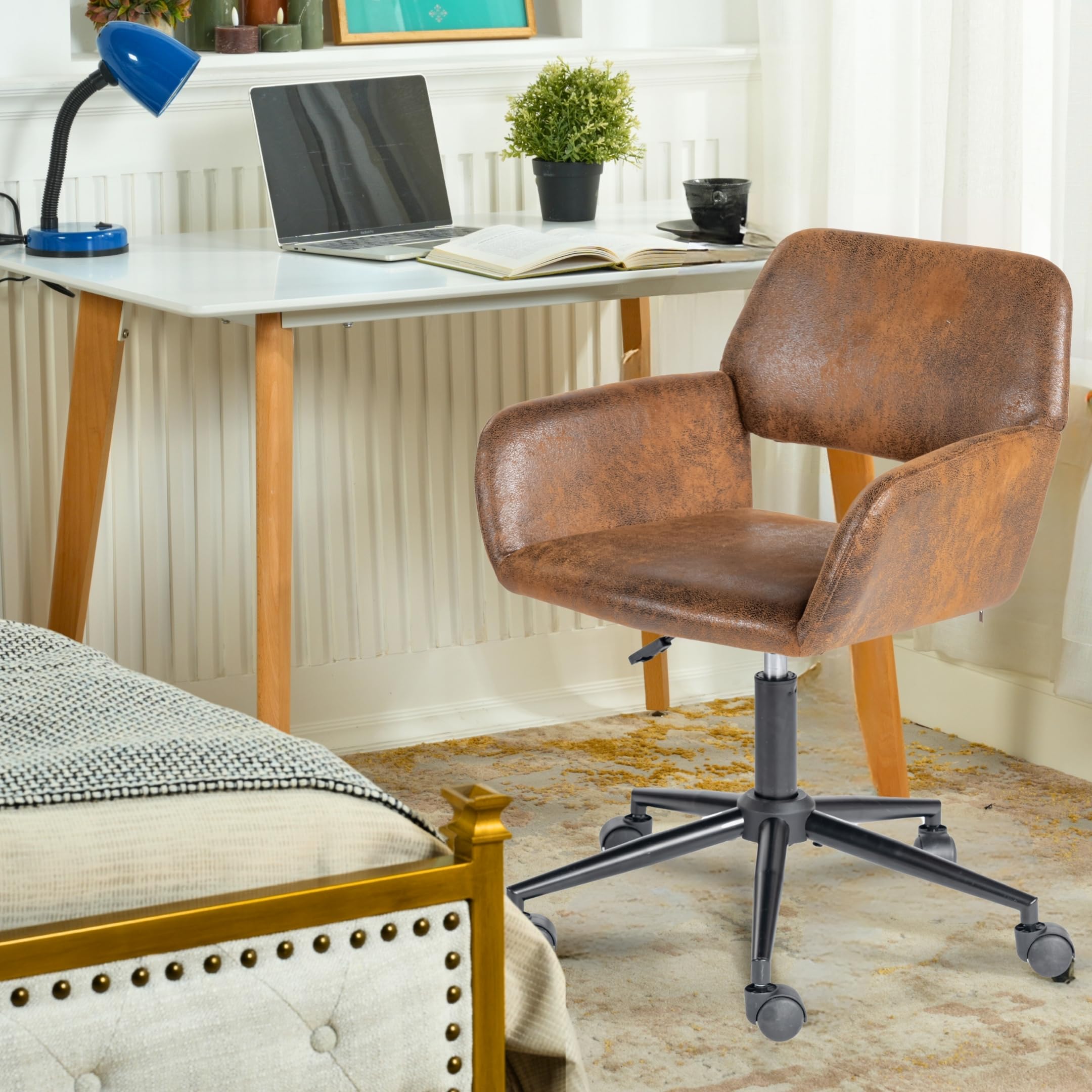 FurnitureR Chaise de Maquillage Pivotante, Siège de Chambre Réglable en Hauteur, Siège Creux Large et Respirant, Chaise D'habillage Rotative à 360°, Retro Marron Suede 56 x 55 x 75-85 cm