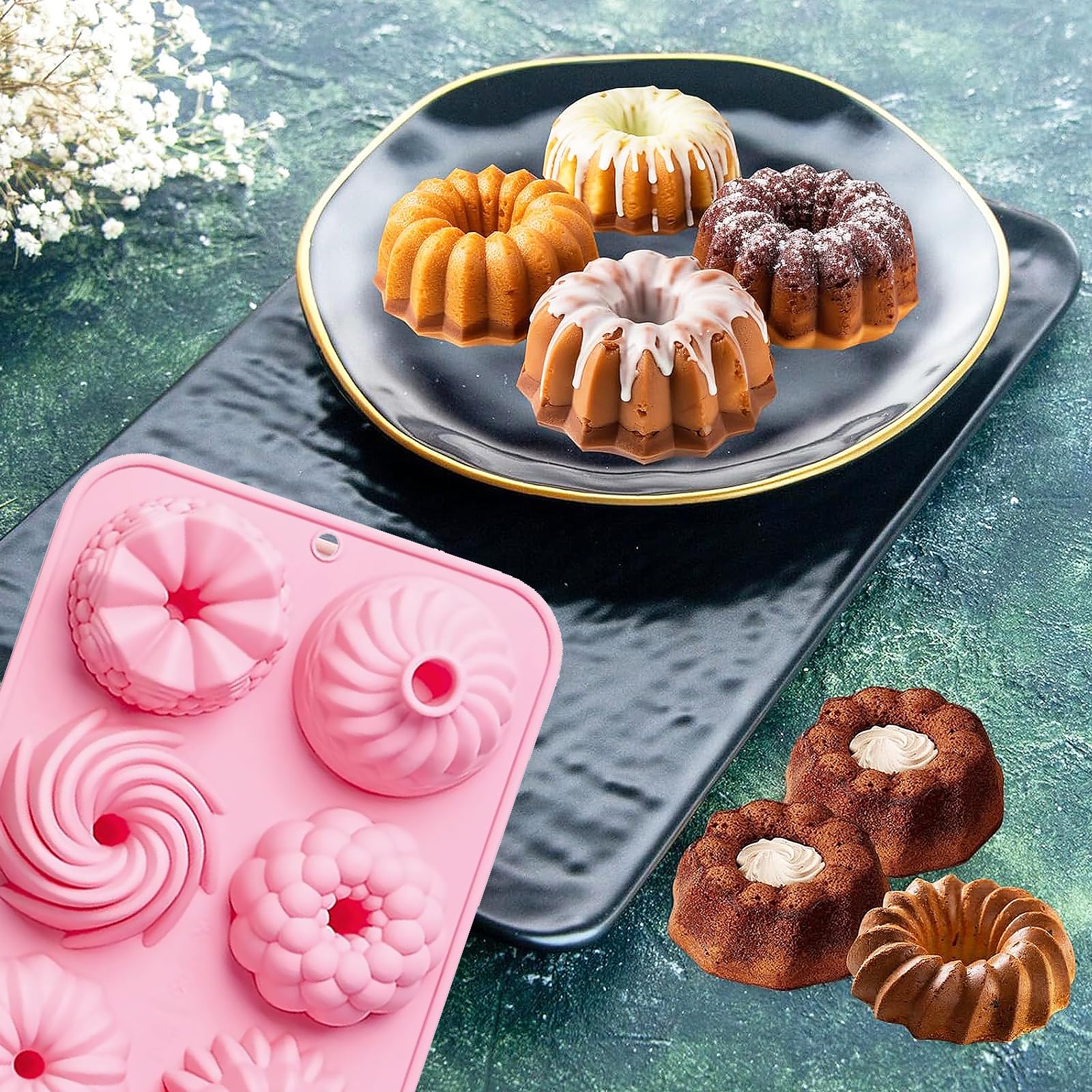 2 x silikonowa forma do pieczenia Kouglof, 6 różnych kształtów, wzór rowków, silikonowa forma do pieczenia ciast, deserów, czekolady, galaretki (różowa, niebieska)
