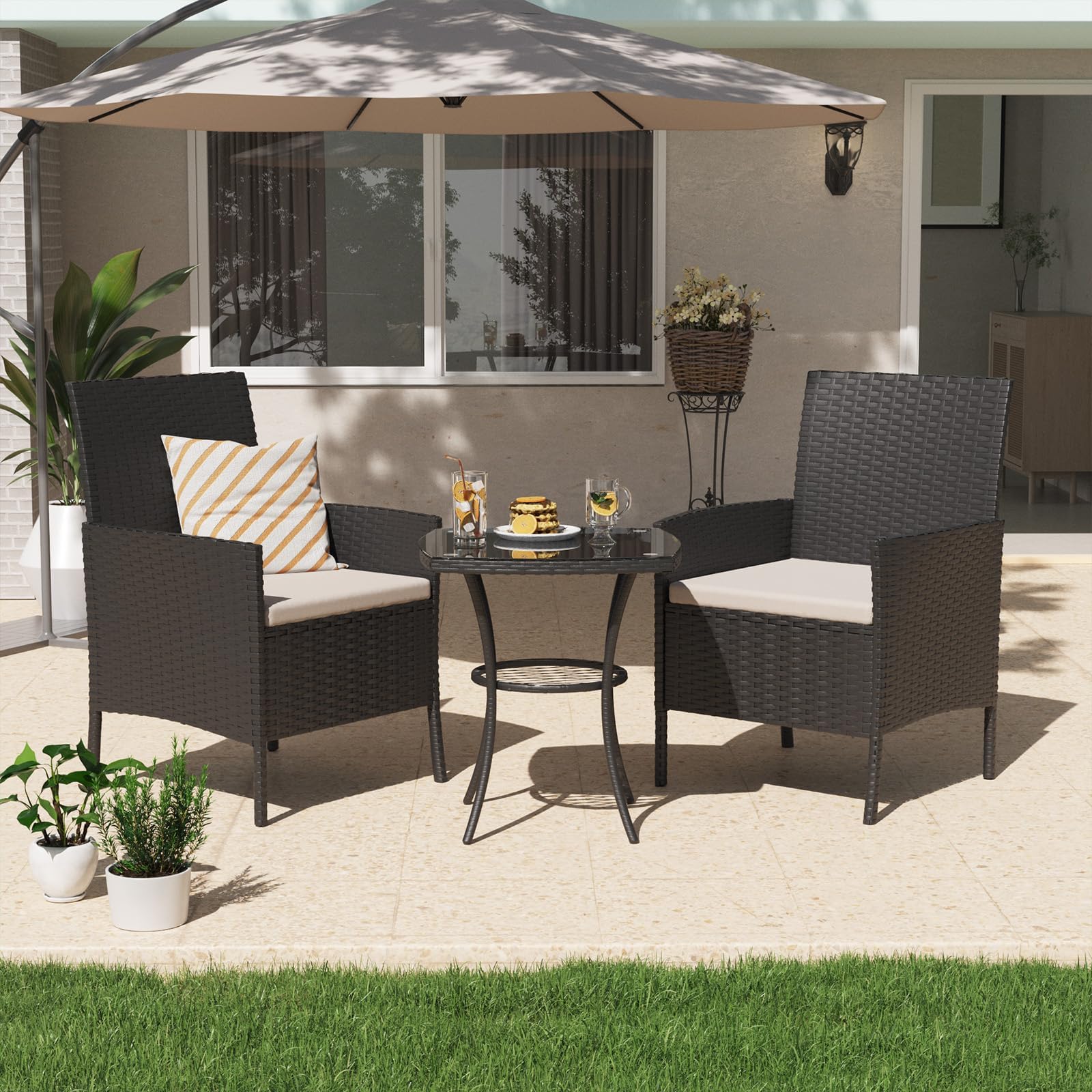 UDPATIO Salotto da Giardino in Rattan, Set Mobili da Giardino 3 Poltrone e Tavolino, Struttura Metallica, Vetro Temperato, Nero