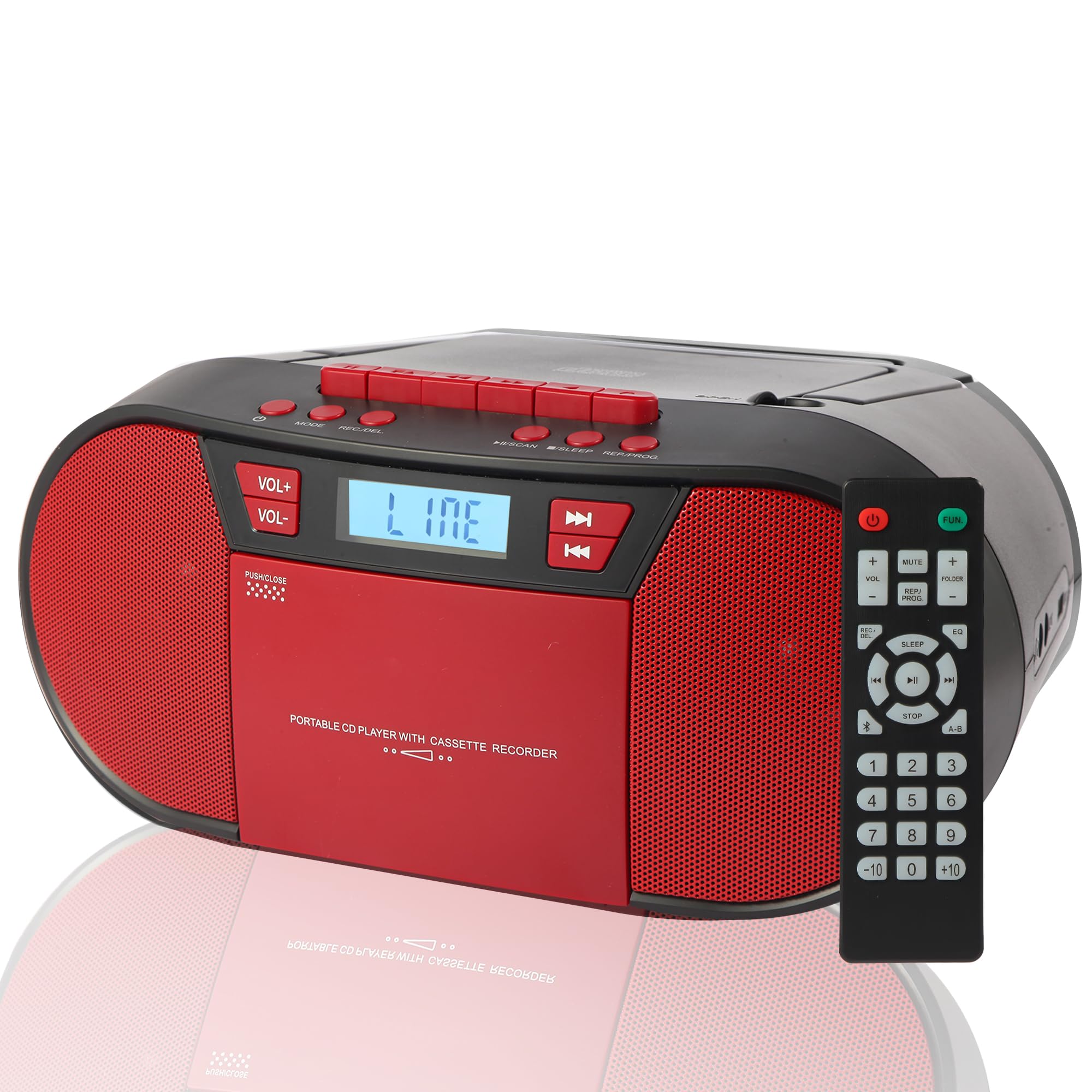 CD Player Boombox Cassette Player Combo with Bluetooth,AM/FM Radio,Stereo Sound with Remote Control,AUX/USB Drive,Tape Recording,AC/DC Powered,Headphone Jack Red V60098BT-BLK-image-41