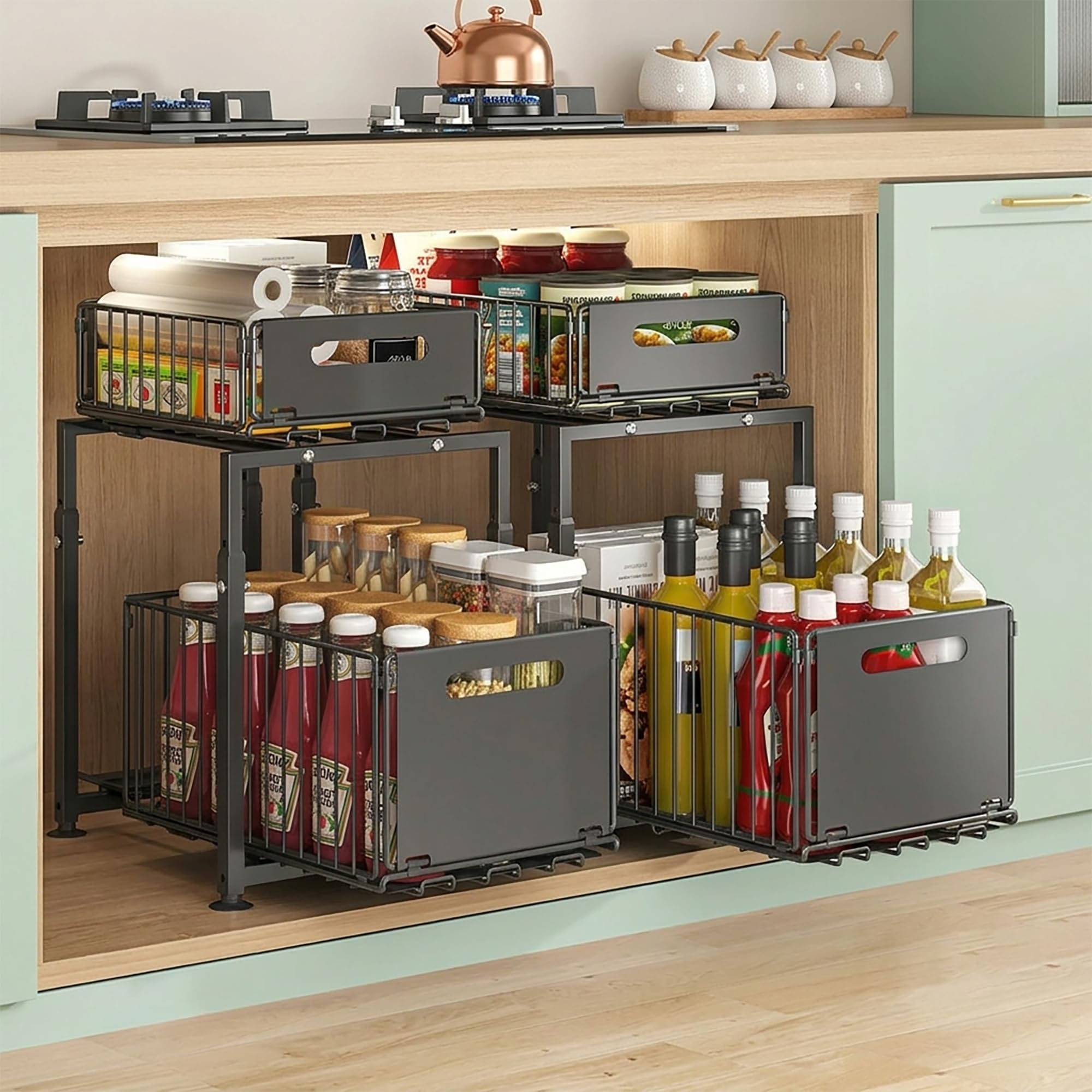 Unterschrank Organizer Küche 41-49cm Höhenverstellbar, 2er Set | Ausziehbar, 2 Etagen, 15kg/Etagen belastbar, Kohlenstoffstahl, Vollauszug-Schublade, für Spülenschrank Bad Vorratsschrank