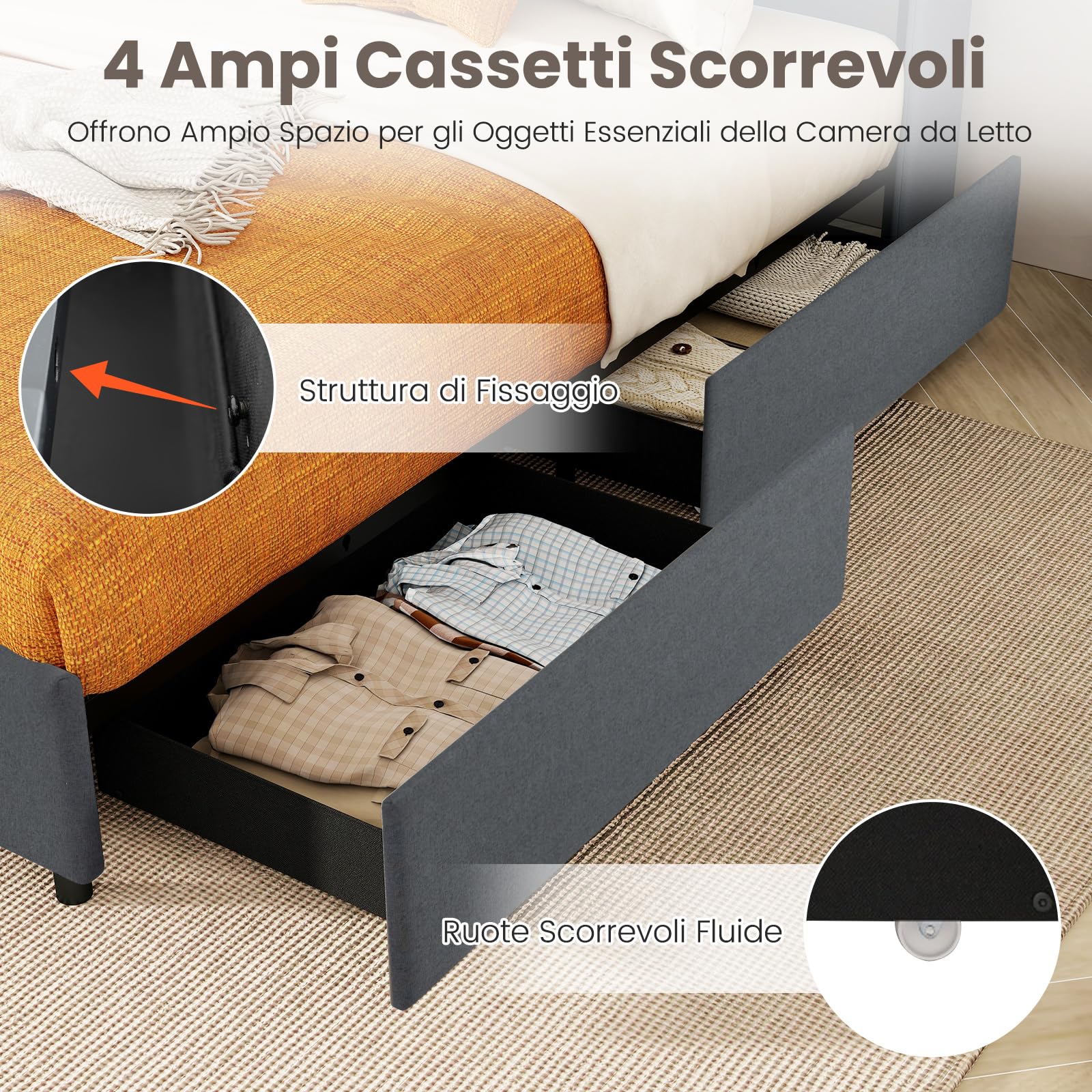 COSTWAY Letto Matrimoniale 140 x 200 cm, Letto Imbottito con Testiera, Luci LED, Stazione di Ricarica, 2 Tasche e 4 Cassetti, Carico 500kg, Silenzioso