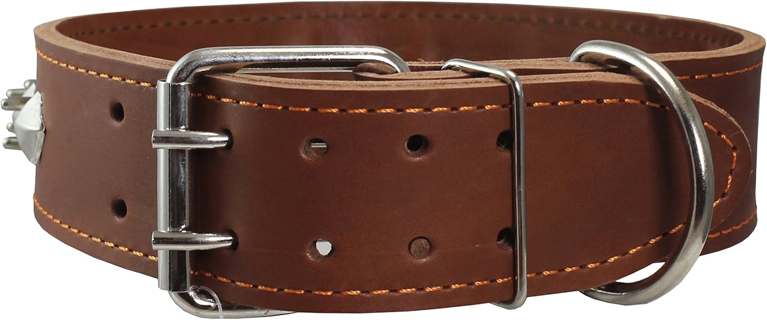 Thick Genuine Leather Spiked Studded Dog Collar Brown Sized to Fit 18"-22" Neck. Retriever, Doberman, Rottweiler, Pitbull