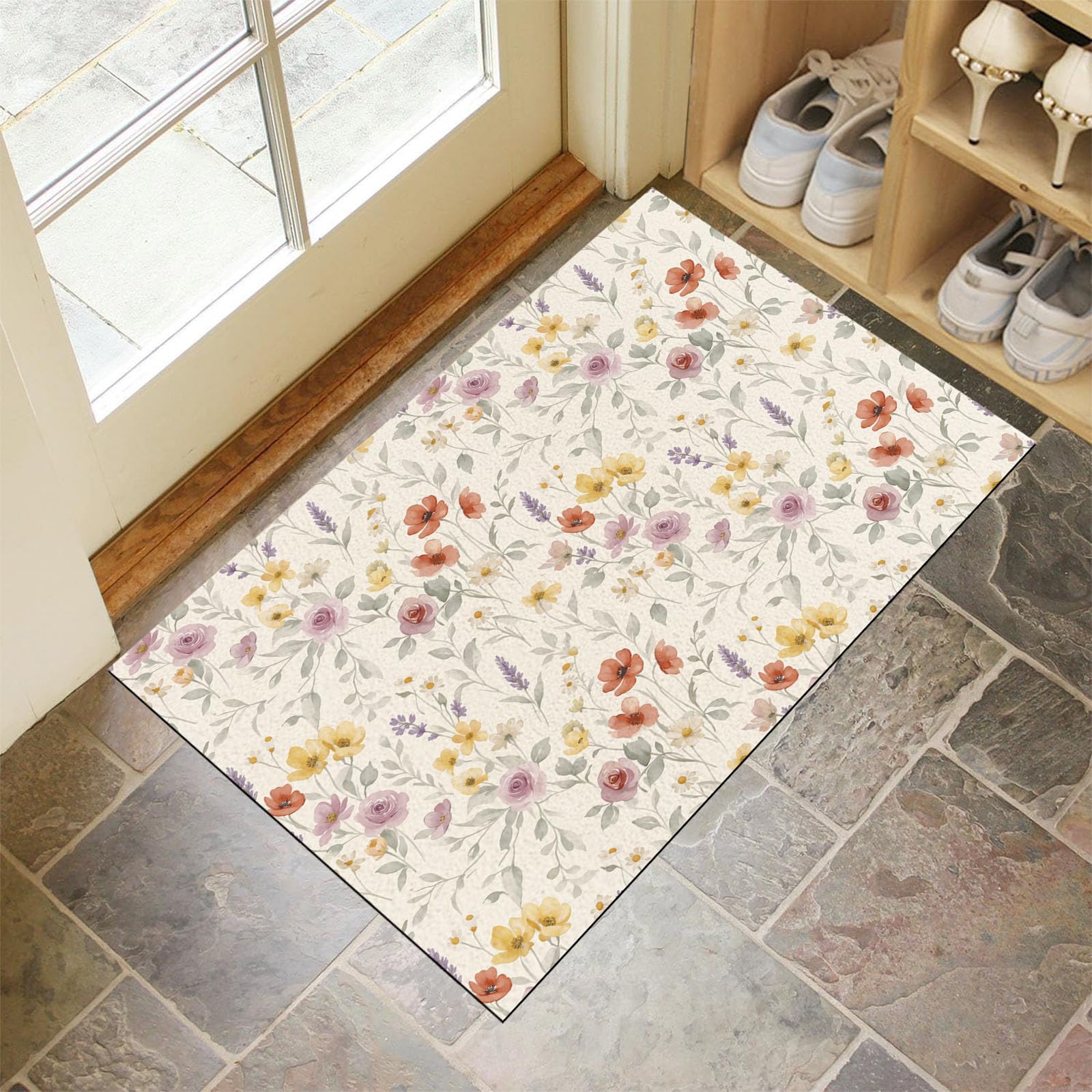 60X90Cm Zerbino Ingresso Interno Antiscivolo Assorbente, Tappeto Microfibra Sottile Lavabile Con Floreale Di Campagna Francese Piante Romantiche Ad Acquerello Per Cucina Bagno Porta Animali, Beige