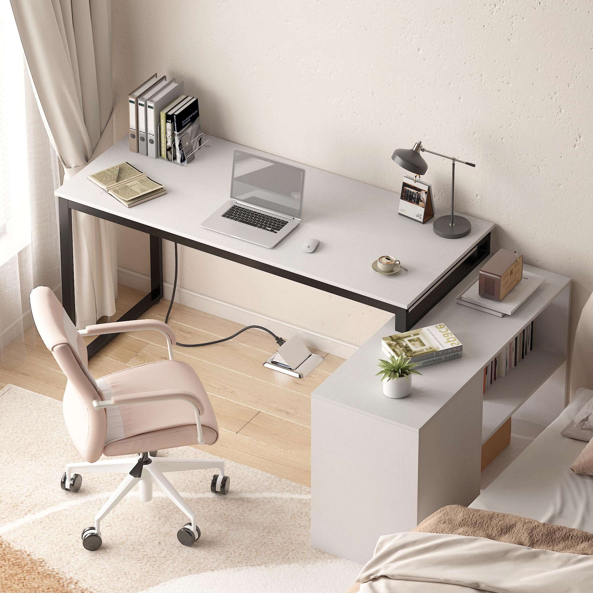 DEYAOPUPU Computer Desk with Drawers and Shelves,55 Inch Large L Shaped Office Desk with Storage,Writing Study Desk with Power Outlets,Corner White