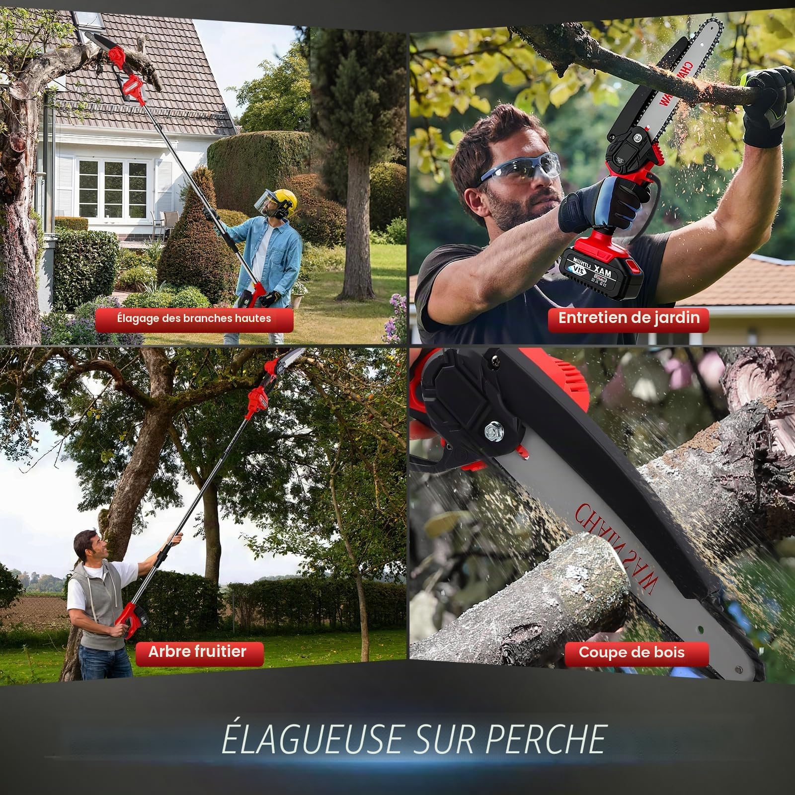 2 en 1 Élagueuse sur Perche sans Fil, 21V Télescopique Élagueur avec 8” Mini Tronçonneuse Électrique, 2 x 3000mAh, 2 Chaînes, 150° Tête Inclinable pour Jardin, Branches, Bois