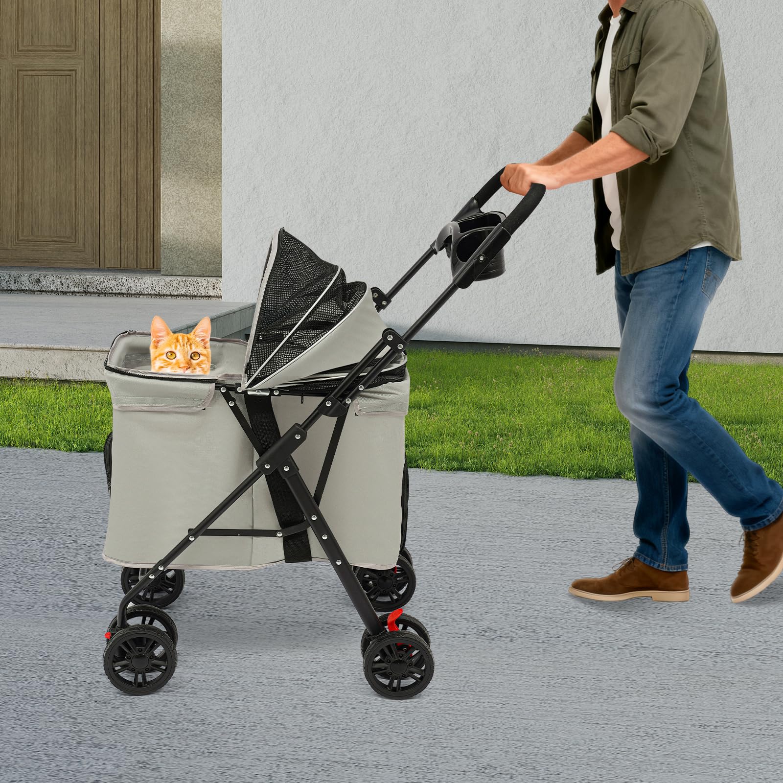 Passeggino pieghevole per animali domestici fino a 12,5 kg, 62 x 50 x 98 cm, cabina da 70 cm con tettuccio parasole, ruote anteriori a 360°, freni, finestra a rete e portabevande, per cani e gatti