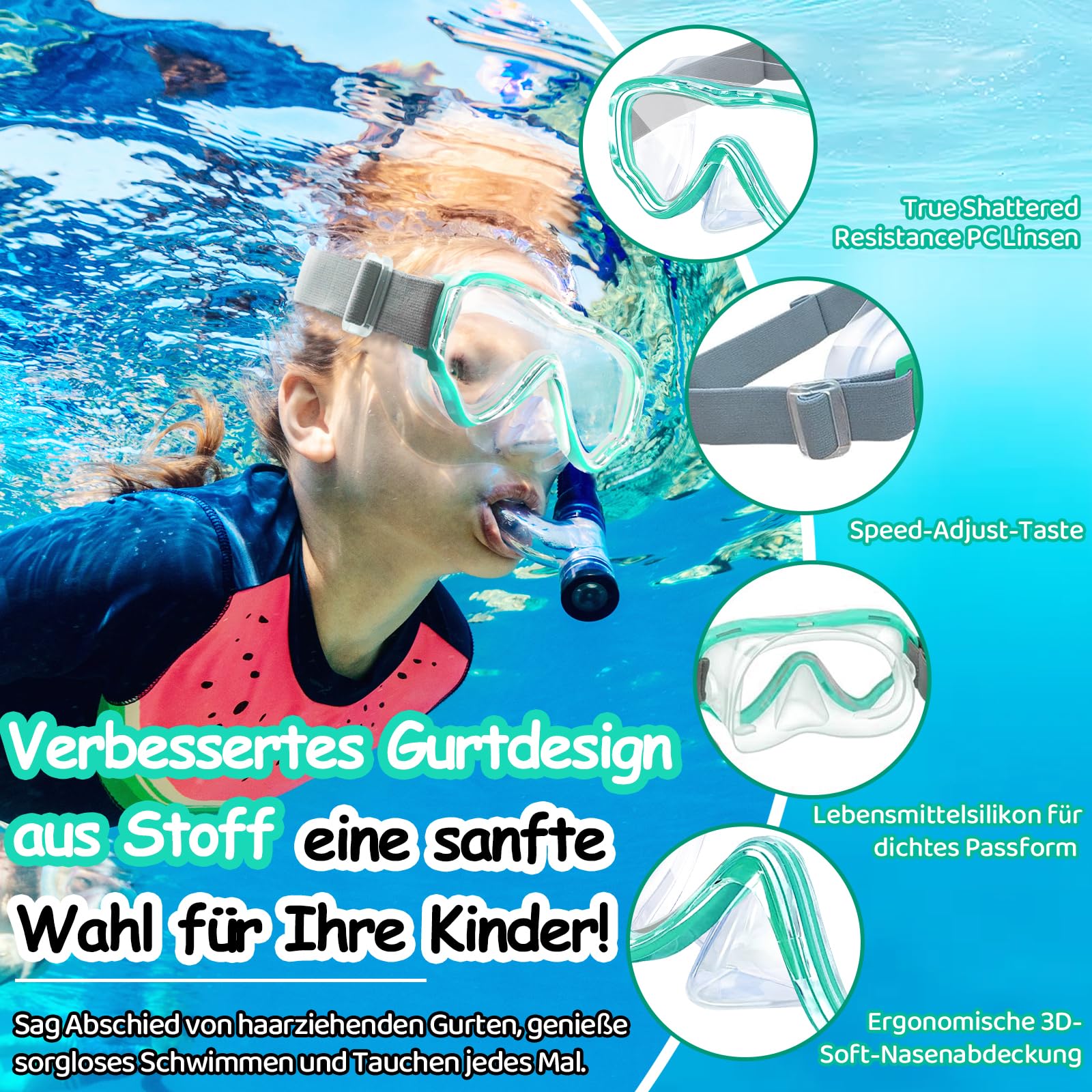 Vvinca Taucherbrille Kinder mit stoffband, Schwimmbrille Kinder für Jahre Jungen Mädchen,Schnorchelmaske Kinder 180° Panorama Anti-Leck Tauchmaske Kinder für 3-13 Jahr