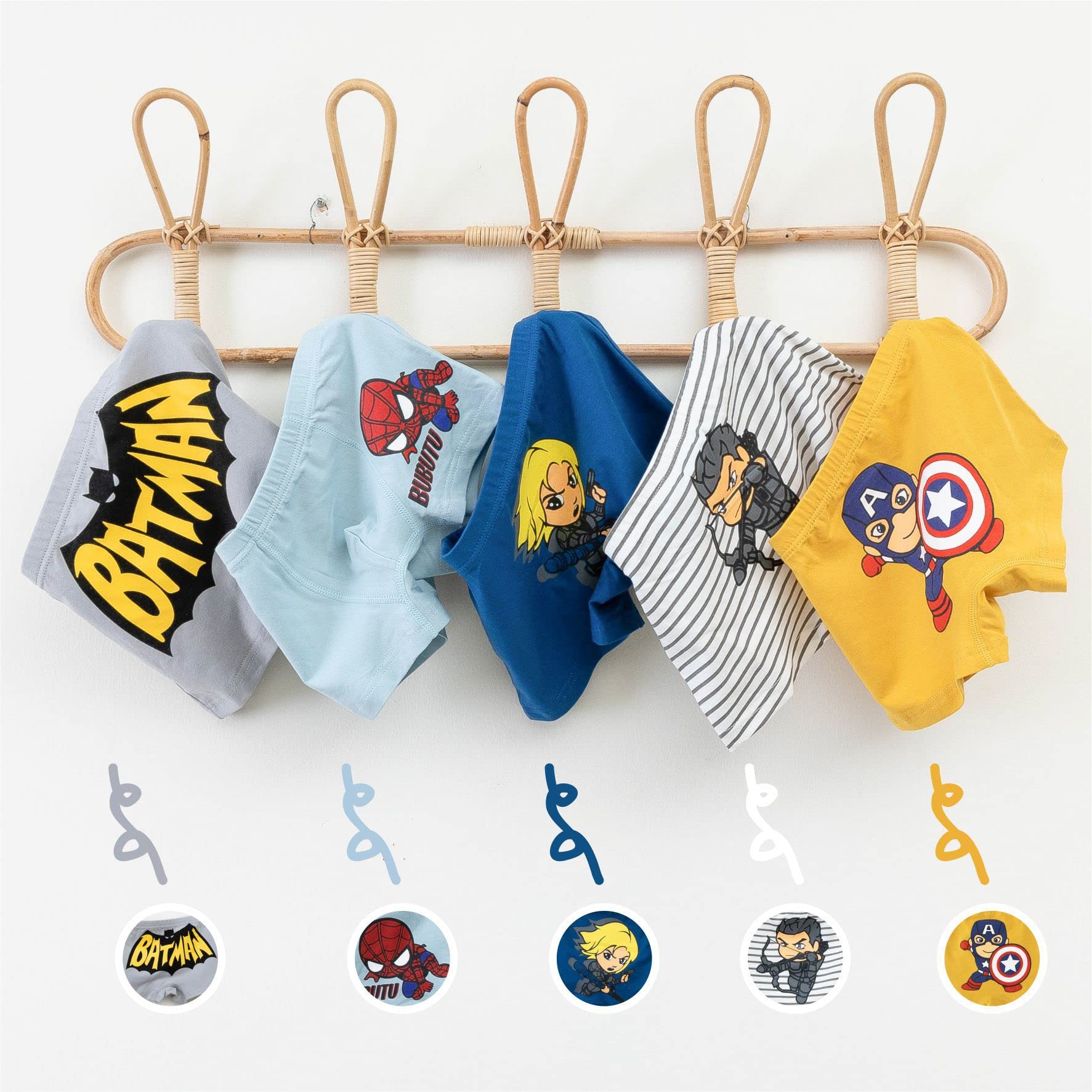 FEIFEI'S BOW Lot de 5 sous-vêtements Avengers Spiderman Batman pour enfant - Sous-vêtements en coton - Coffret cadeau