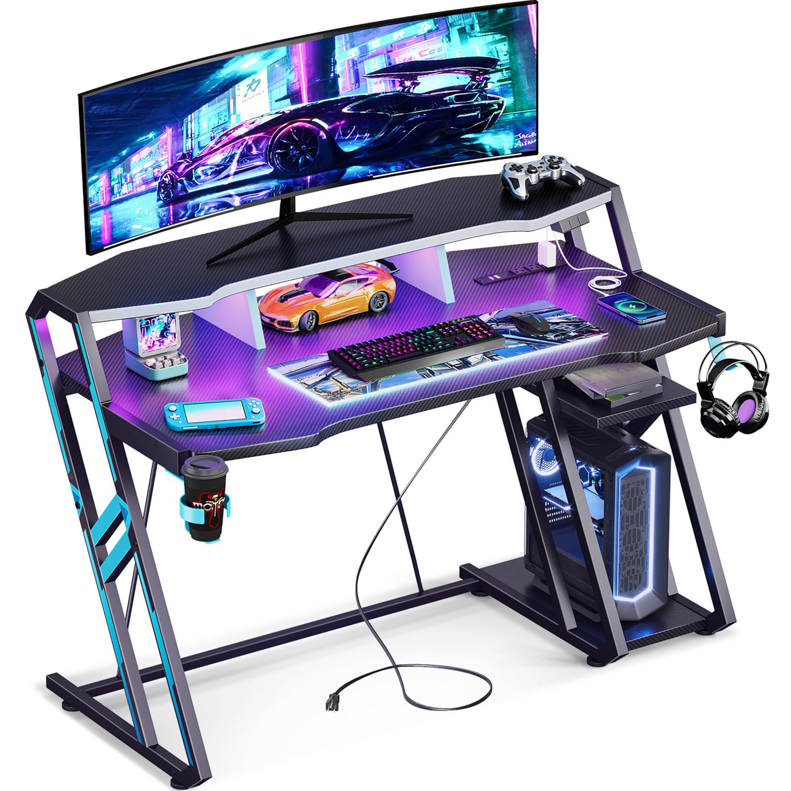 MOTPK Gaming Desk with Power Outlet & LED Lights, Computer Desk 48 Inch with PC Storage Shelf, Gaming Table with Carbon Fiber Texture, Gamer Desk, Gift for Boys Men, Black