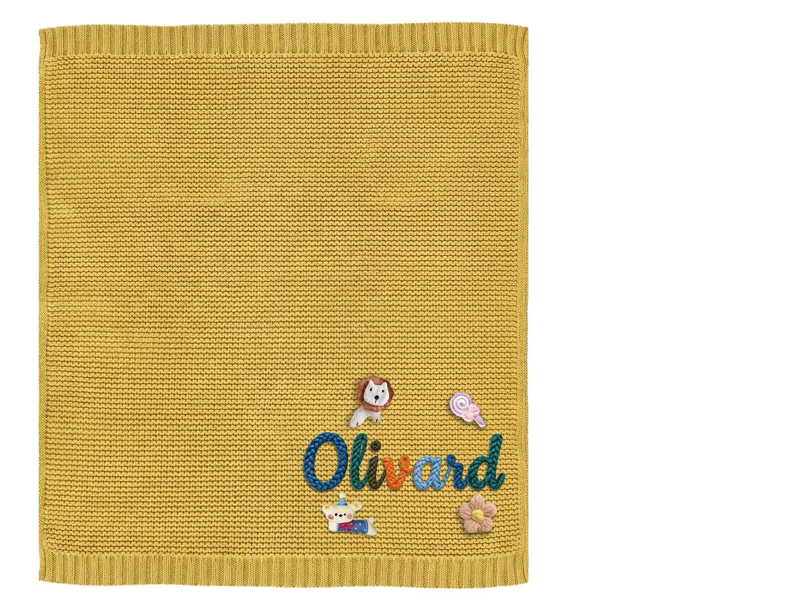CGFN Personalised Baby Blanket with Name for Newborn Boys & Girls, Pure Knitted Cotton, Unique Christening, Soft Keepsake Blanket 100x80cm (Yellow)