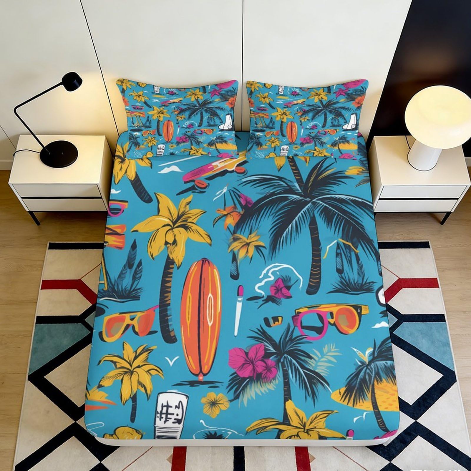 Pnayamiorkfel Style-4 3D Printed Tropical Palm Beach Fitted Sheet Microfiber Soft Colorful Surfboard Mattress Cover For Bedroom Guest Room Decor 90X200x25cm