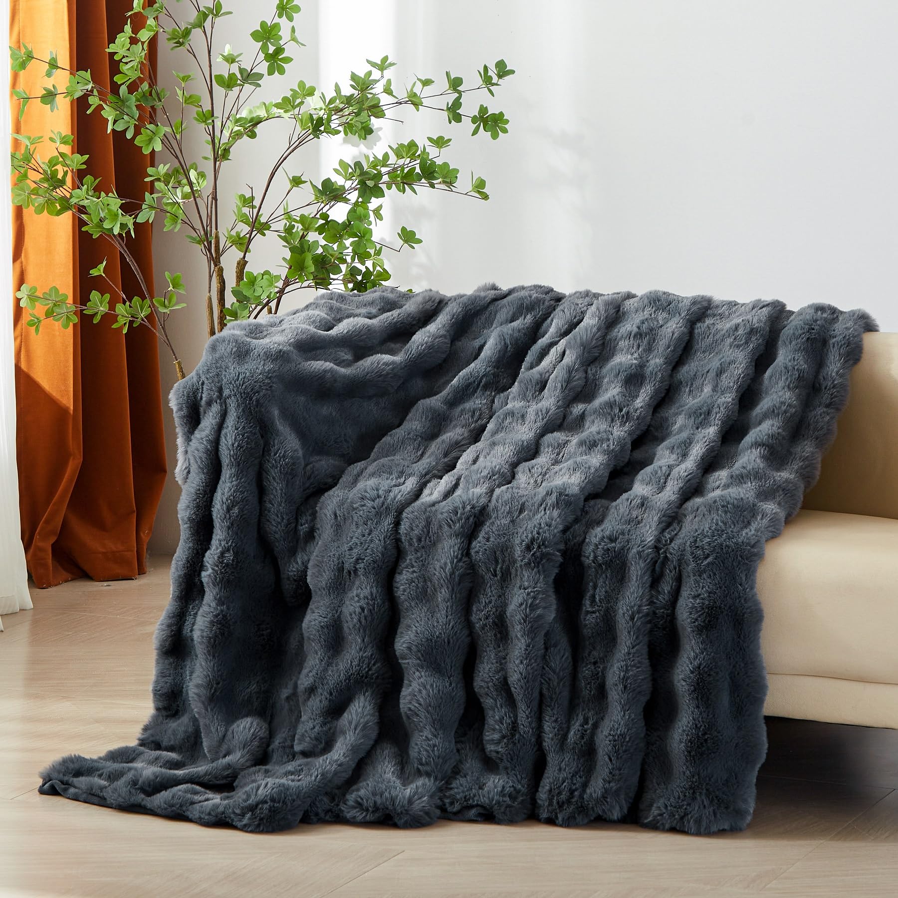 Manta polar (200 x 220 cm, invierno, cálido, gris, funda de sofá, felpa, piel de conejo, textura de burbujas, supersuave, manta suave, regalo para mujer