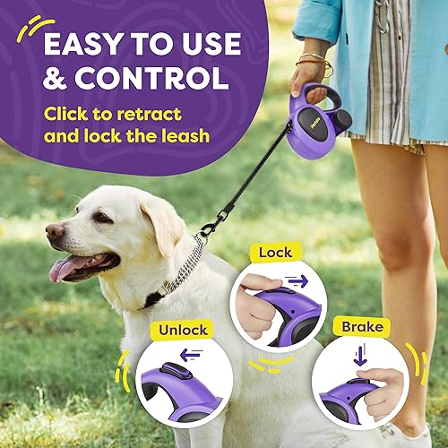 Miniatura 4 de Hertzko Correa retráctil resistente para perros con soporte integrado para bolsa de excrementos + dispensador de aguabotella - morado y negro, 16