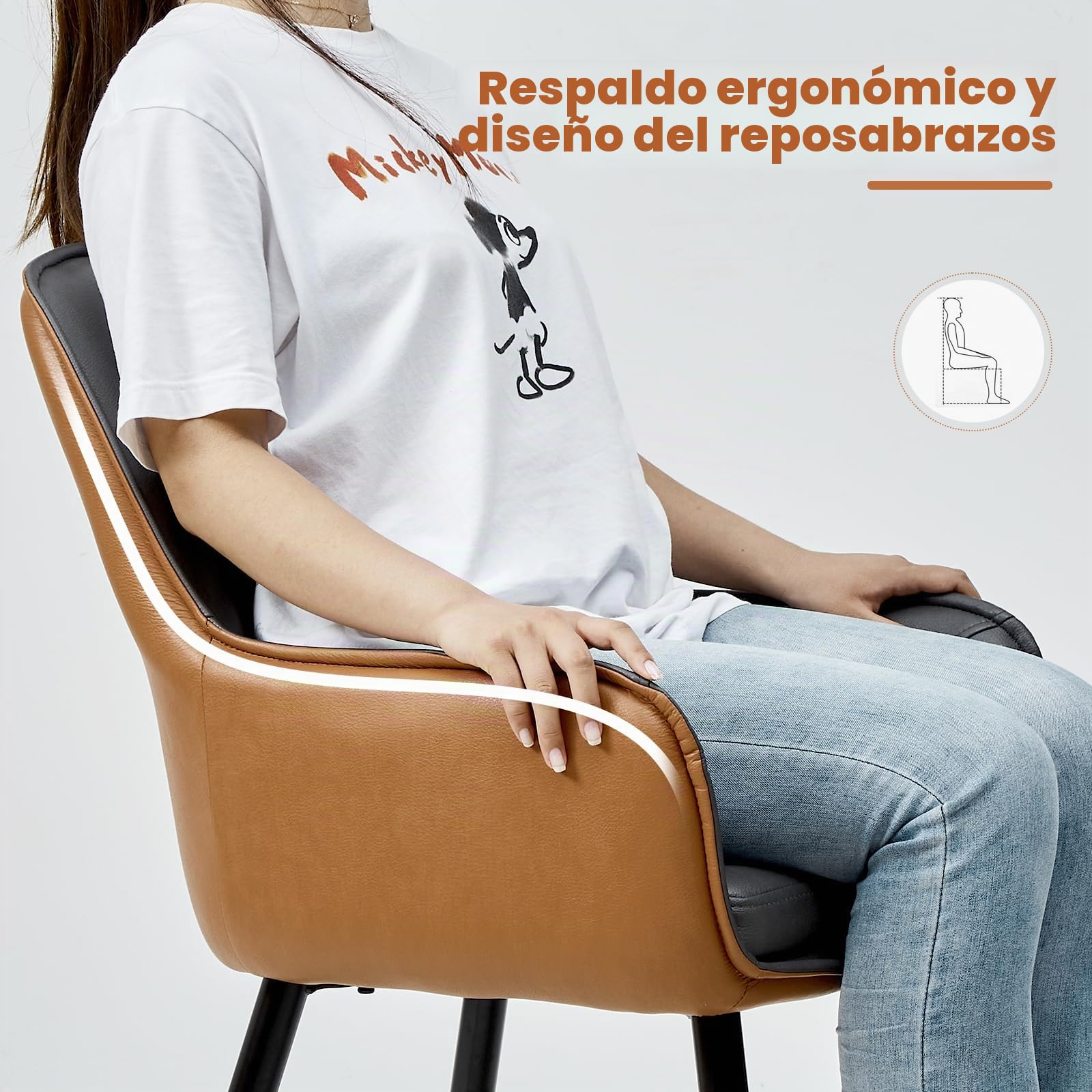 TUKAILAI Juego de 2 sillas de comedor de piel sintética, con reposabrazos, respaldo, asiento acolchado, patas de metal, diseño moderno en dos colores, gris y marrón