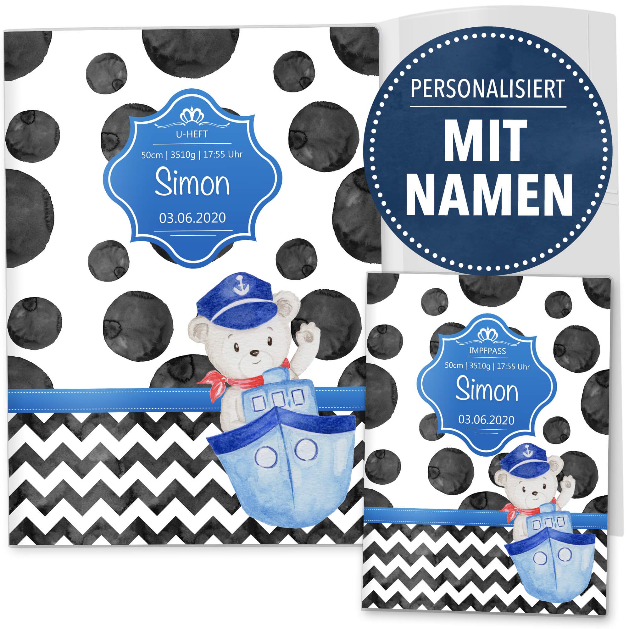 OLGS U-Heft- und Impfpasshüllen 3-teilig Set Creative Royal | Untersuchungsheft Hülle & Impfpasshülle personalisierbar mit Namen und Geburtsdatum (U-Heft Set 3-teilig personalisiert, Bär)