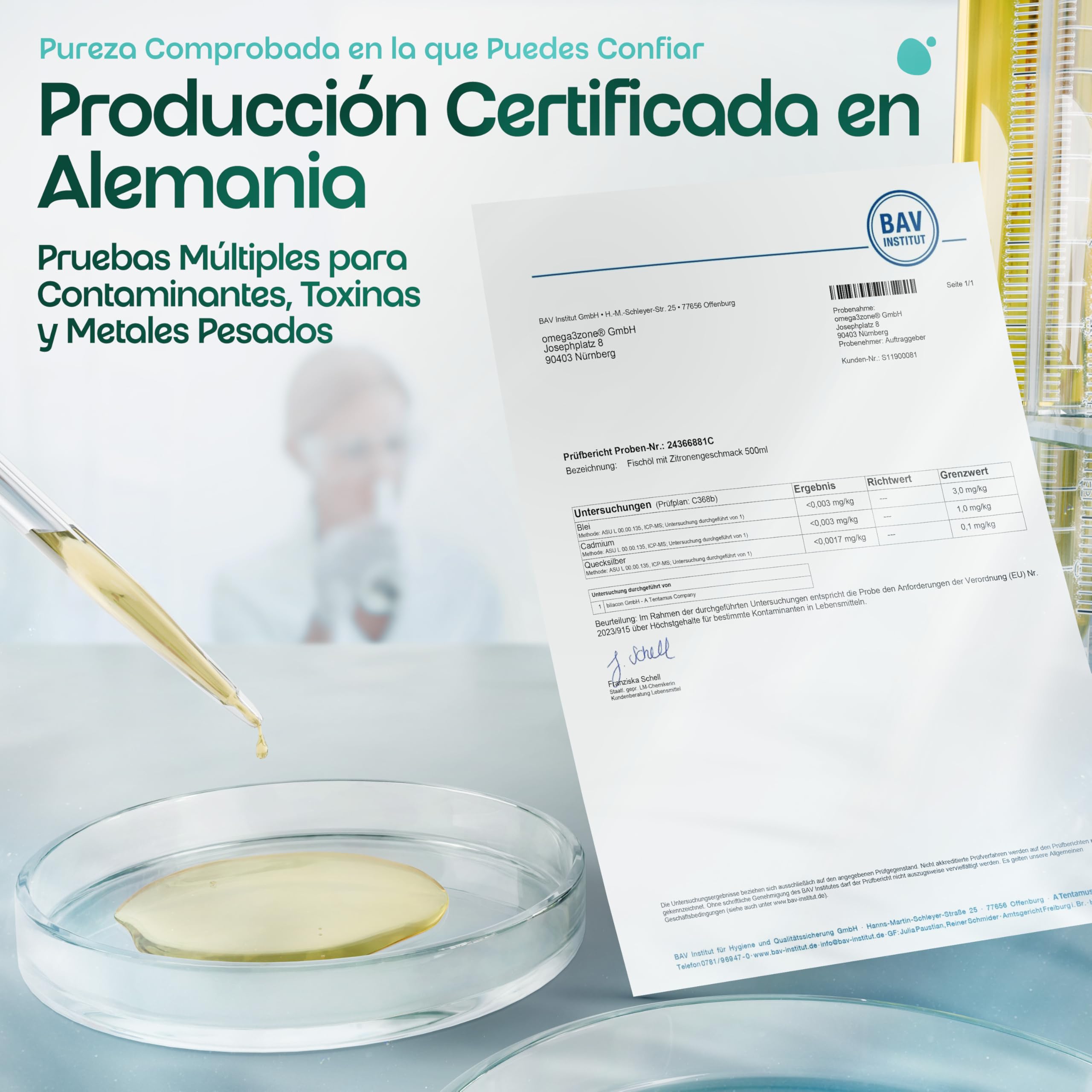 omega3zone Aceite de Pescado Premium Omega-3 líquido – Alta dosis: 5400 mg por porción en forma de triglicéridos – Certificado por laboratorio, fabricado en Alemania – 500 ml (500ml, Limón-Jengibre)
