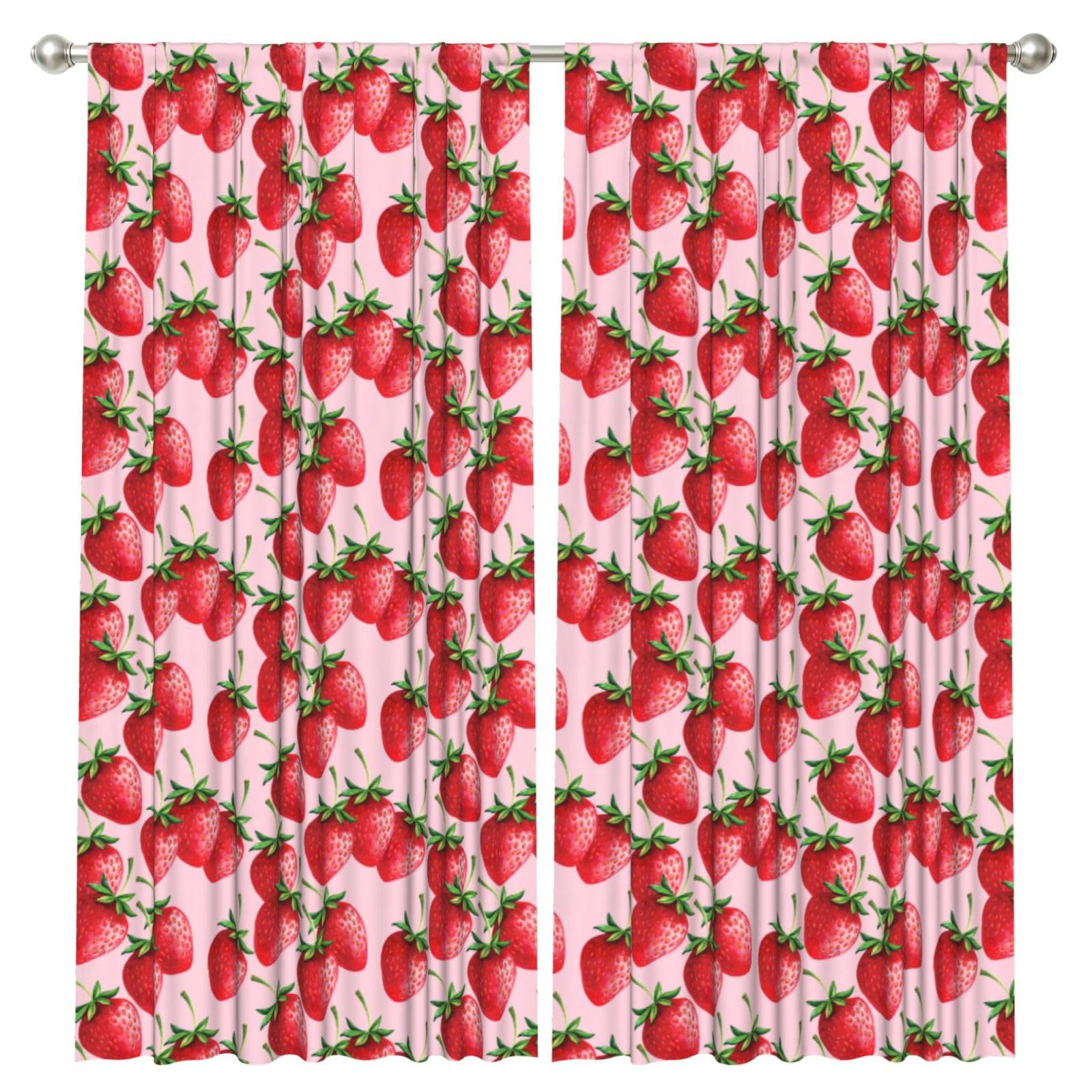 InOmak Strawberries With Pink Background, 2 Panels Window Curtains 52 x 84 Inch Blackout Curtains for Living Room Bedroom
