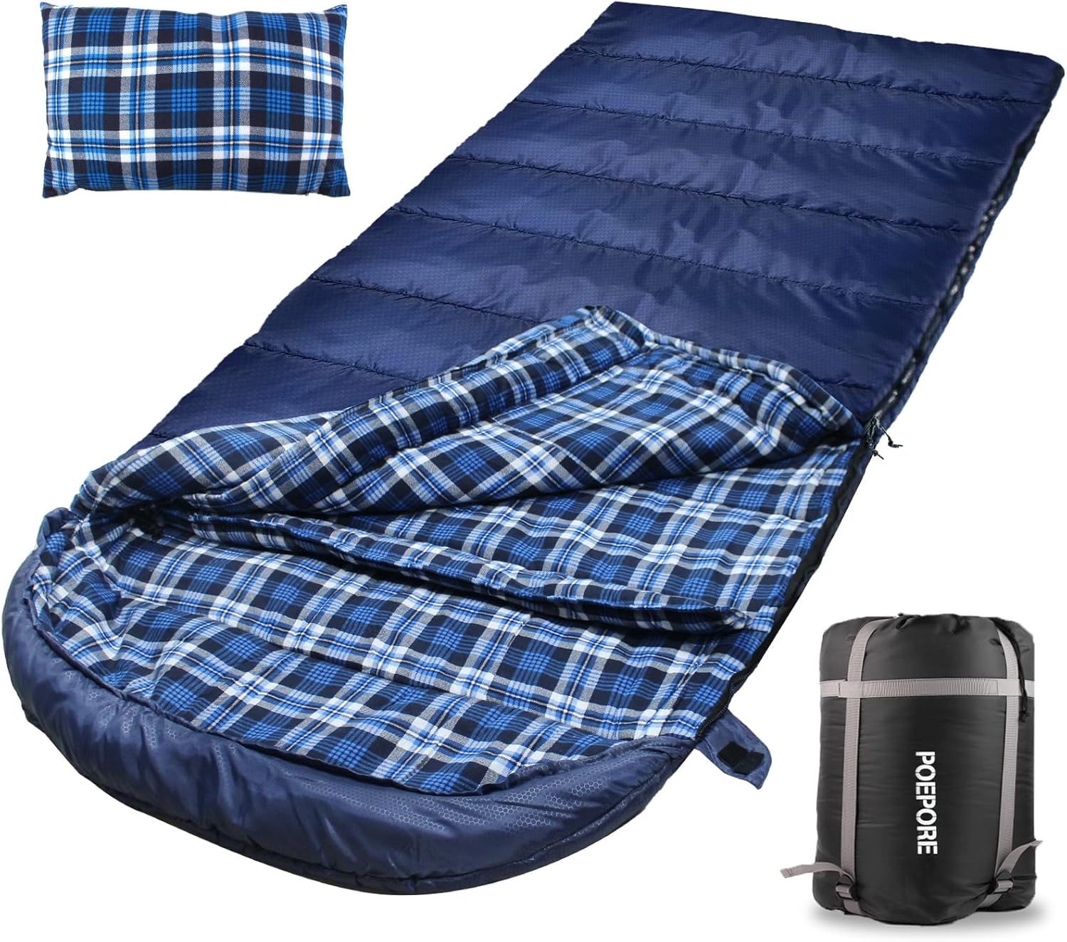 Flannel Sleeping Bag Cotton 0 Degree Cold Weather for Adults XXL Sleeping Bag 4 Season Big and Tall with Pillow Compression Sack 32F Dark Blue_R 90.55*35.43 IN
