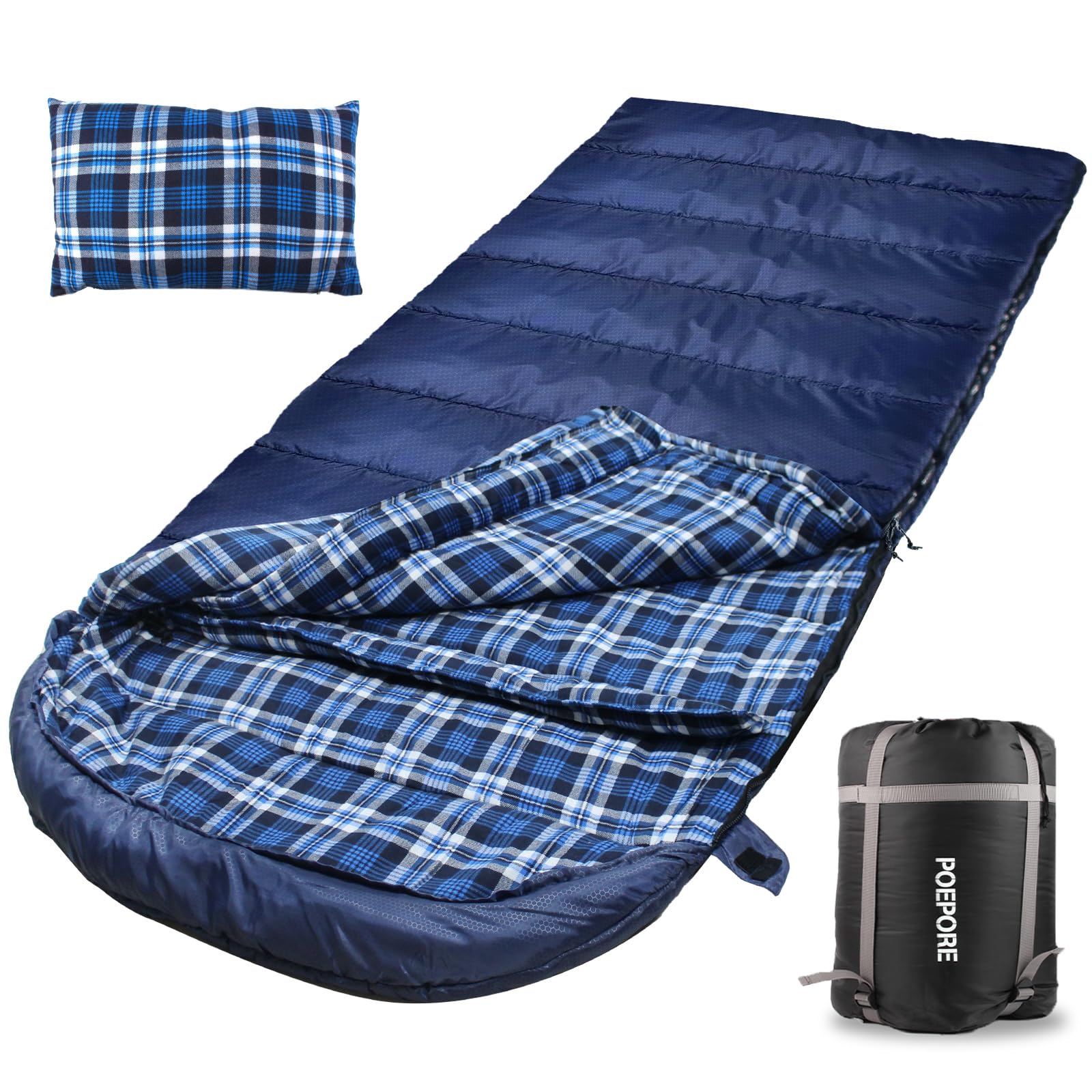 POEPORE Flannel Sleeping Bag Cotton 0 Degree Cold Weather for Adults XXL Sleeping Bag 4 Season Big and Tall with Pillow Compression Sack