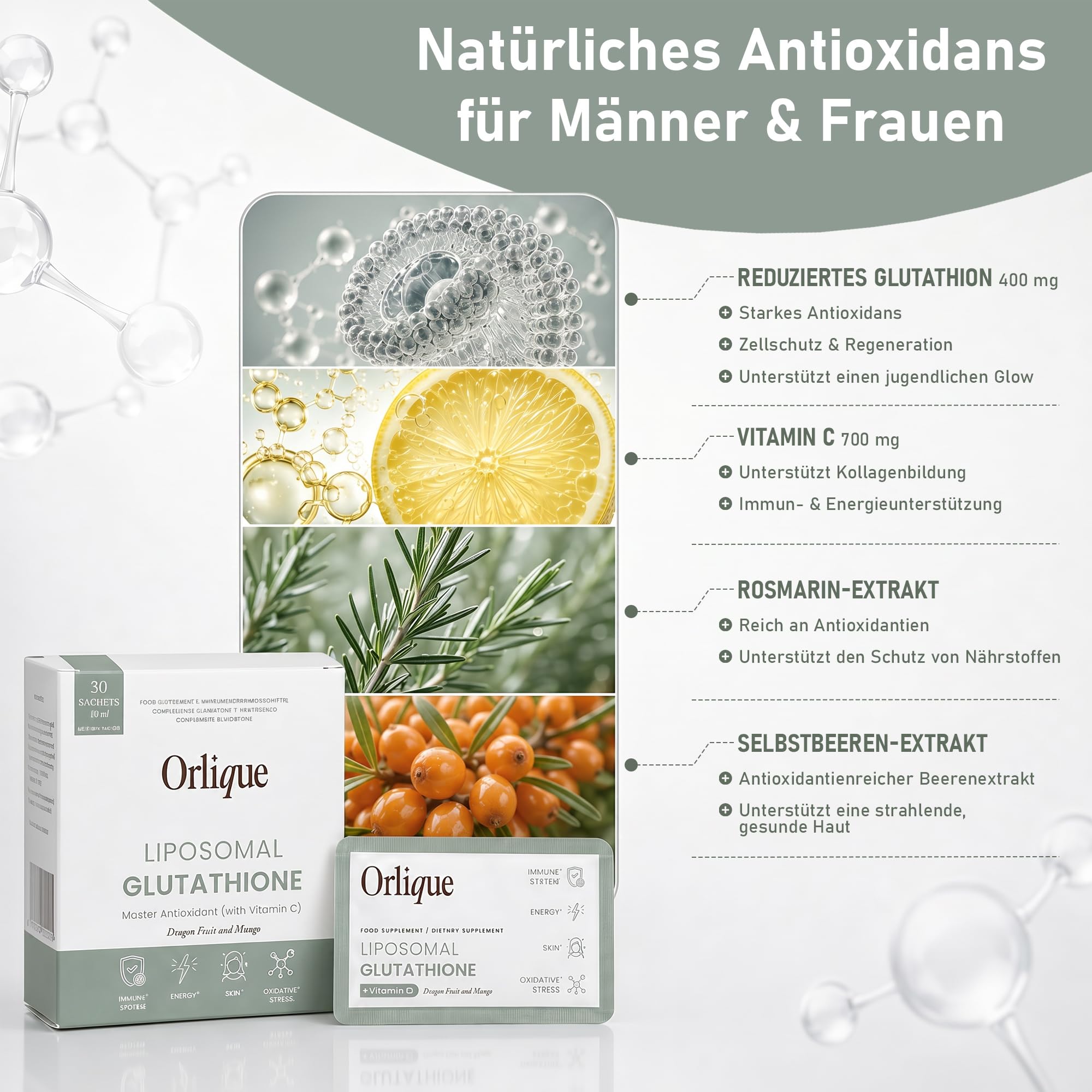 Liposomales Glutathione mit Vitamin C - 30 Sachets - 400 mg l-Gluthation & 700 mg Vitamin C Flüssig Pro 10 ml - Antioxidans für Immunsystem, Zellschutz, Entgiftung & Energie - Vegan & Lab Getestet