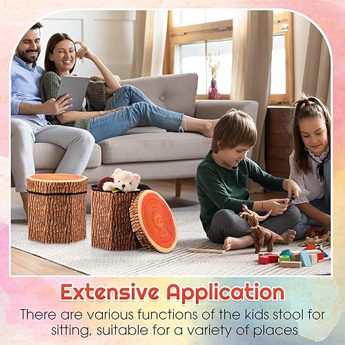Miniatura 7 de Amylove Paquete de 3 taburetes de almacenamiento de tocones de árbol, otomana de almacenamiento de 12 x 12 pulgadas, bonita caja de juguetes