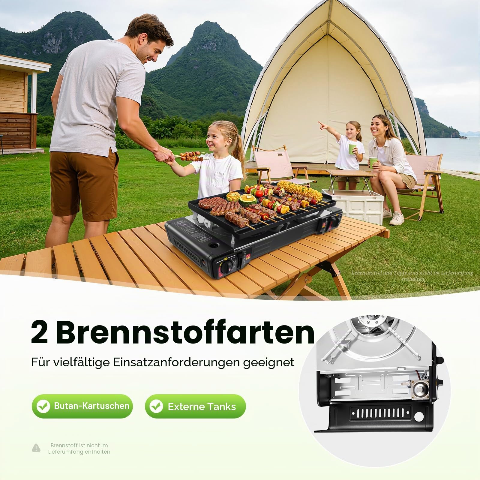 2in1 Gas Kocher 2500W, tragbarer Campingkocher mit Grillplatte & Tragekoffer, 2-flammiger Gasgrill für Outdoor & Reisen