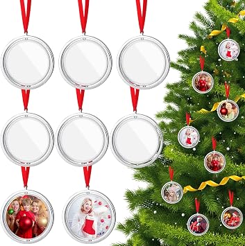 Retrowavy 8 Pcs Christmas Spinning Photo Ornament Small Picture Round Spinning Christmas Tree Hanging Decorative Create Your Own Round Picture Frame Ornament for Family Xmas Holiday Party Decoration