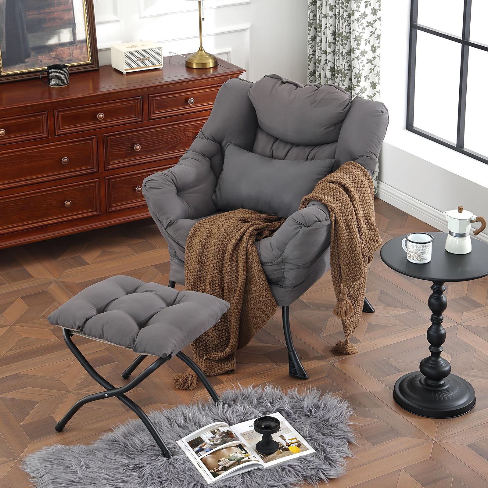 Silla perezosa con otomana, silla decorativa moderna con almohada lumbar, sillas cómodas con reposapiés plegable para dormitorio, lectura, sillas de descanso de apoyo de gran tamaño (gris 5
