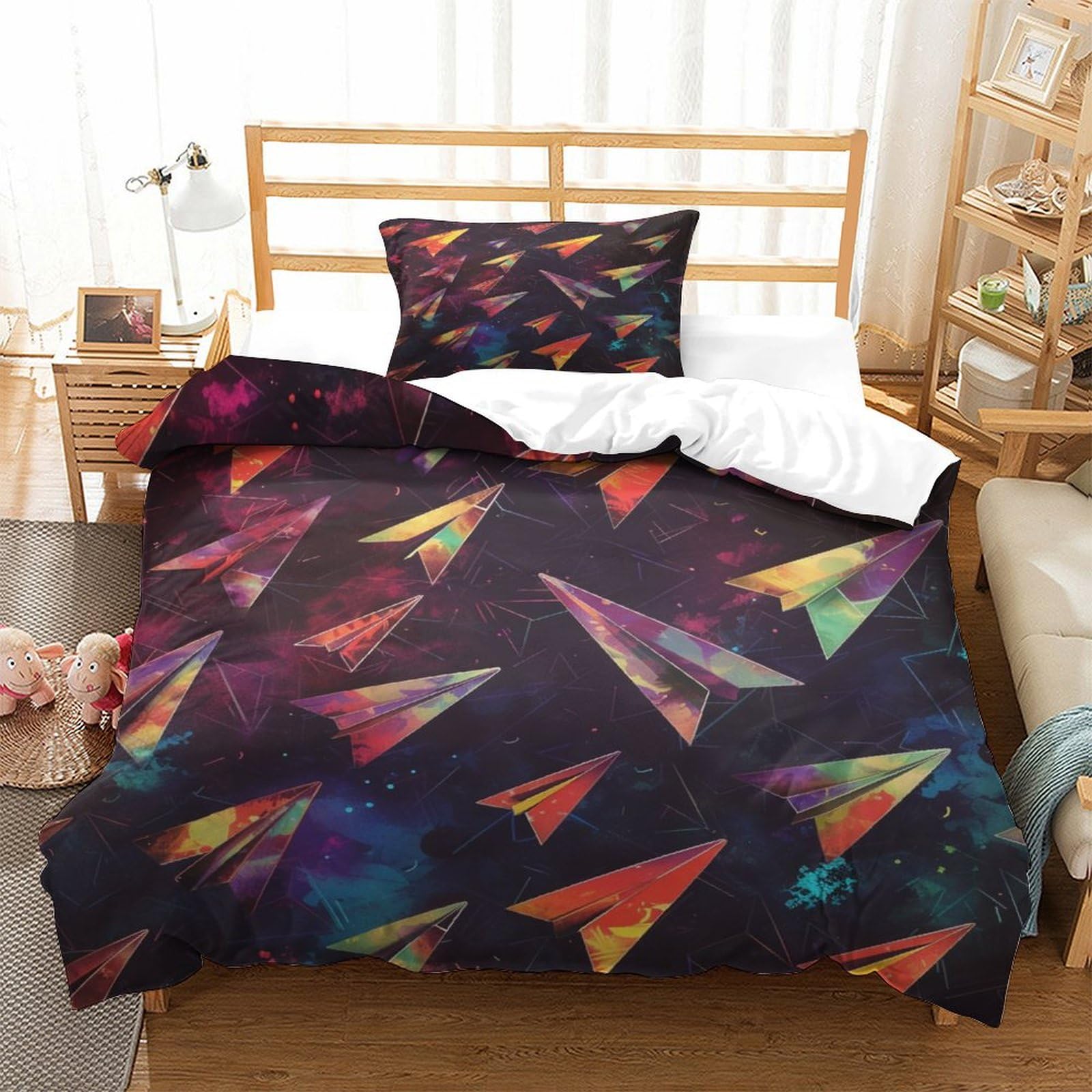 P1s9u7w5y Aircraft Colourful Paper Plane 3D Printed Duvet Cover Set 3Pcs Microfiber Galaxy Bedding Set Single（135X200cm）