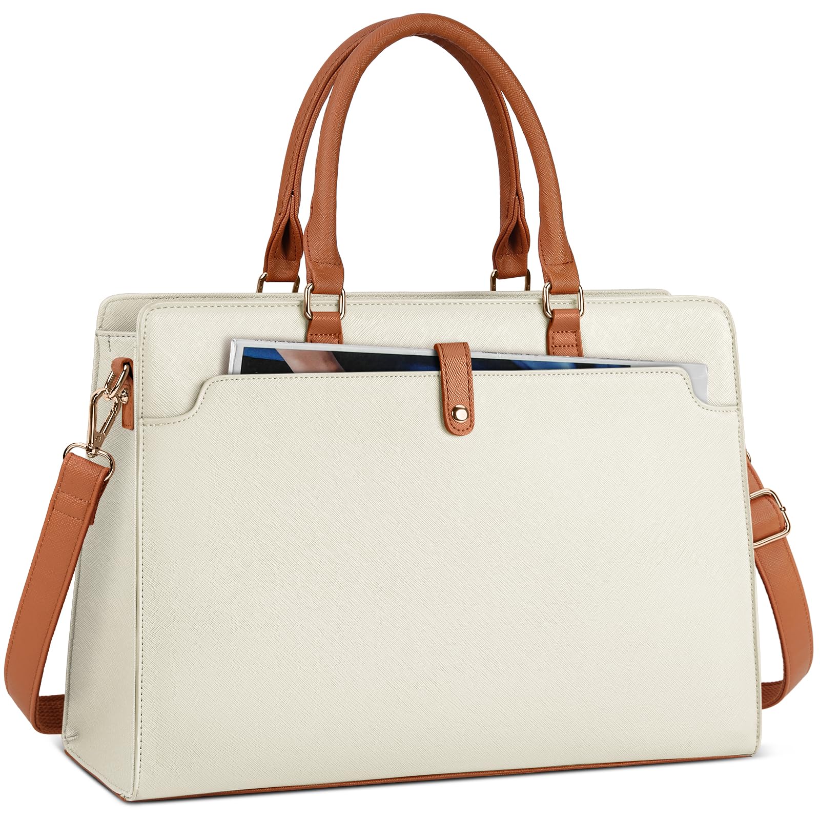 RAINSMORE Laptop Bag for Women 15.6 Inch Laptop Tote Bag Leather Work Bag Waterproof Womens Briefcase Business Office Computer Tote Bag Large Capacity Handbag Shoulder Bag, Beige and Brown